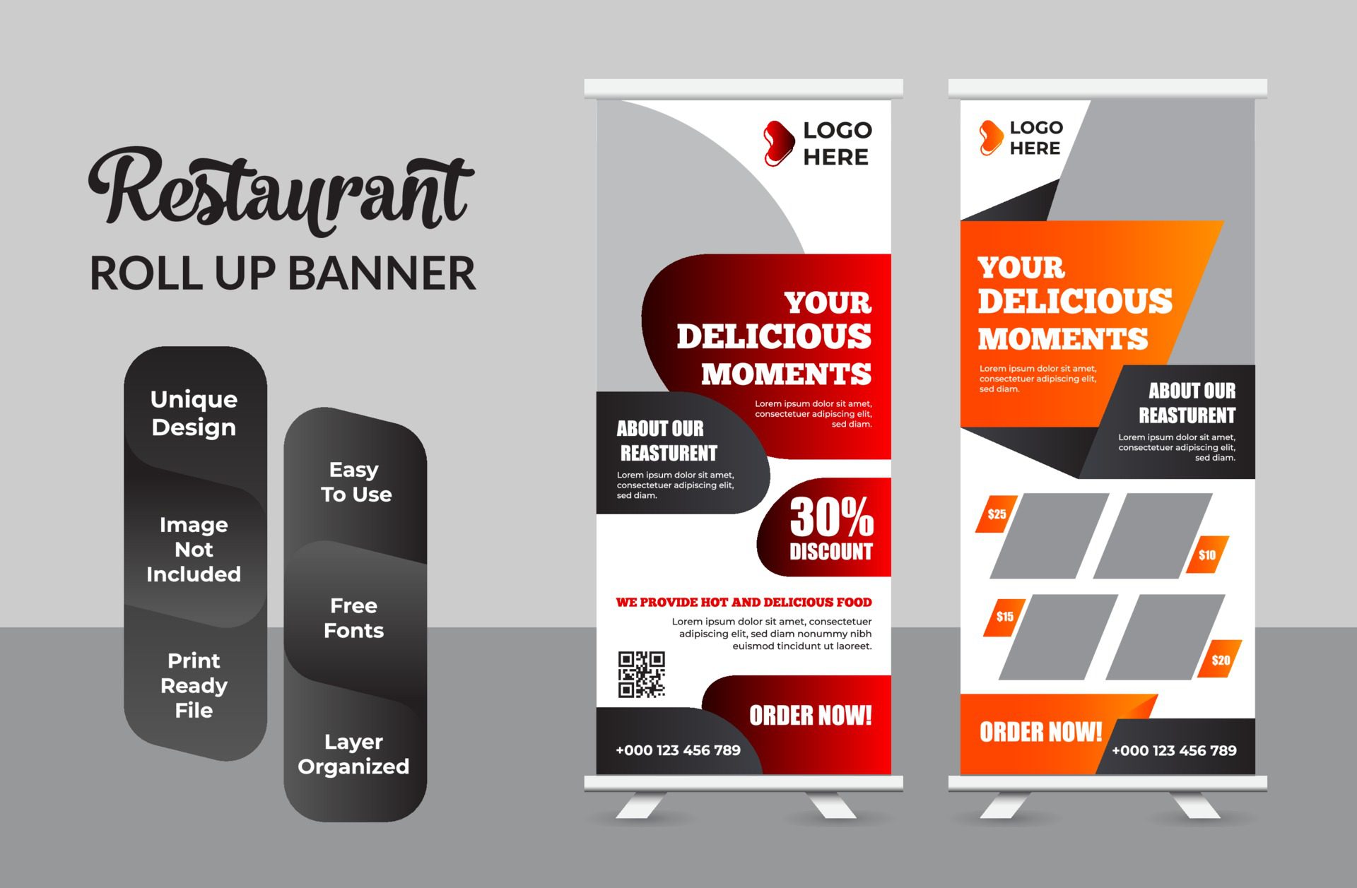 Food Roll Up Banner For Restaurant set Free Vector