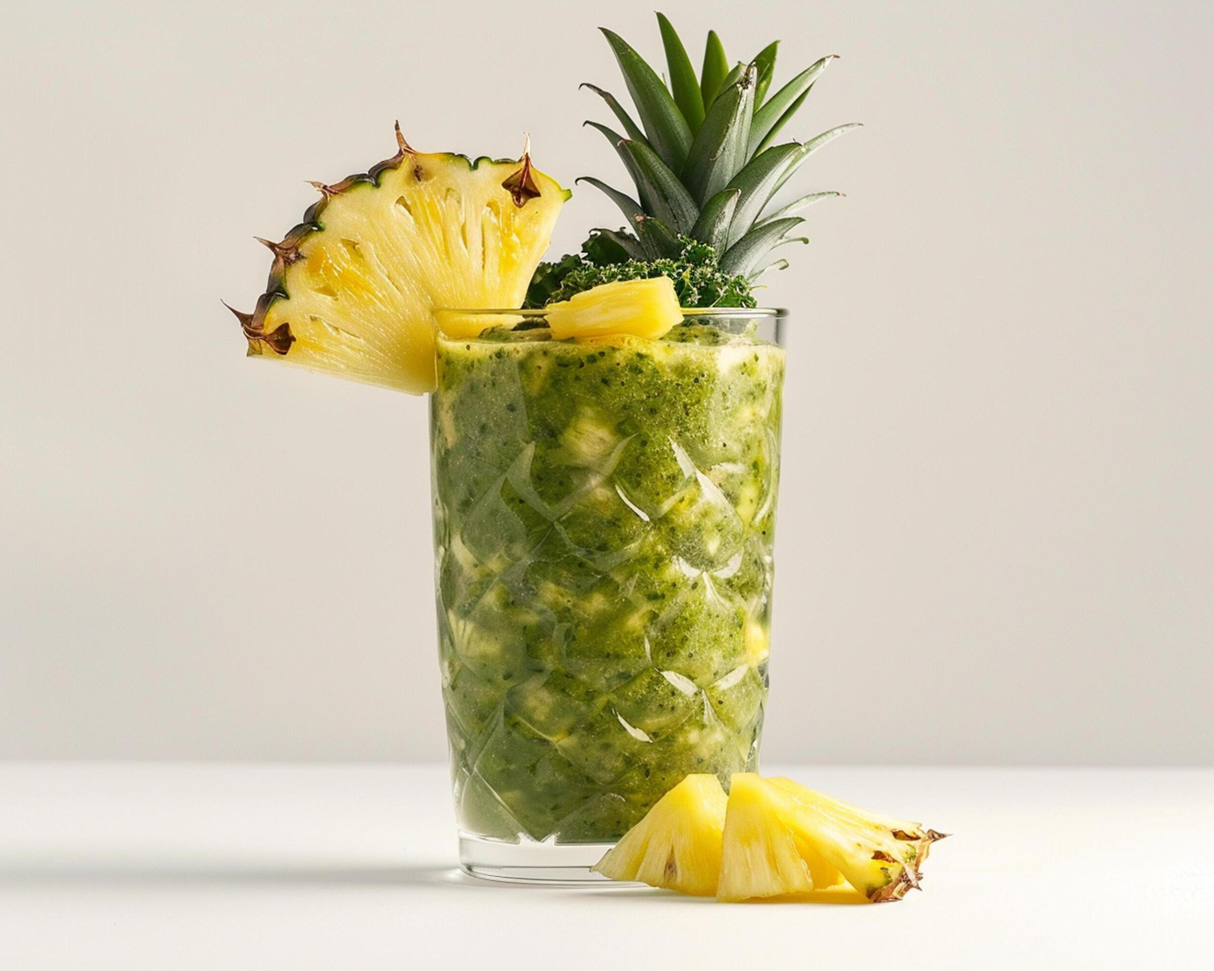 a green smoothie with pineapple and pineapple slices Stock Free