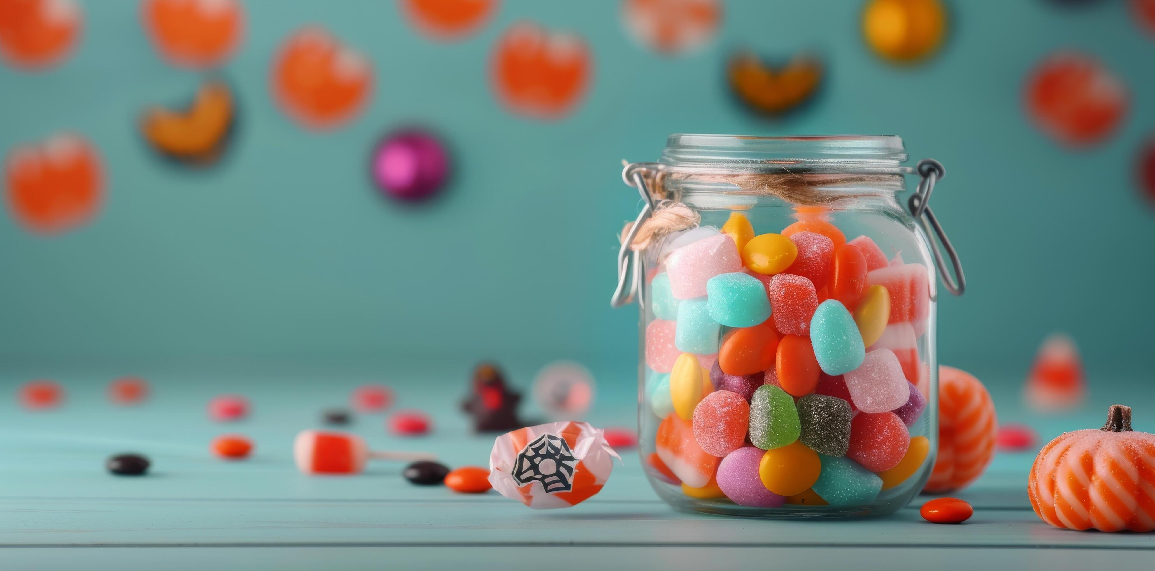 Colorful Candy Jar Filled With Assorted Treats on a Turquoise Background Stock Free