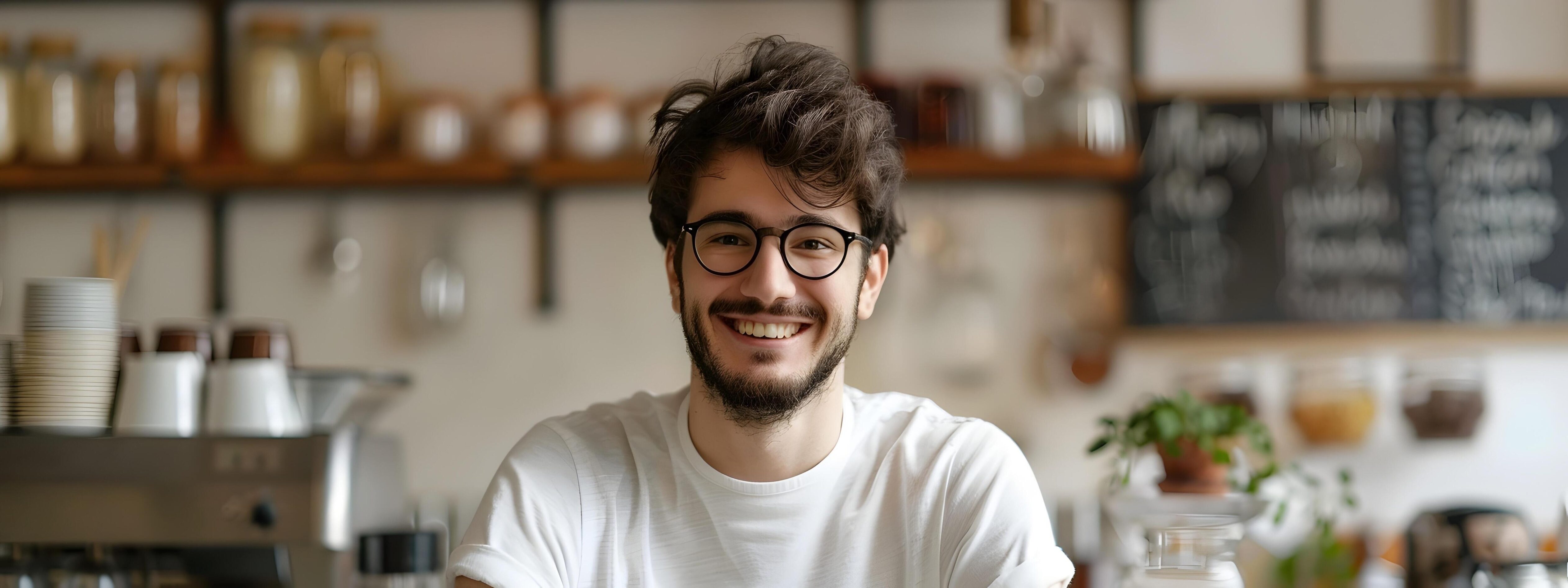 Cheerful Entrepreneur Overseeing Cozy Cafe Stock Free