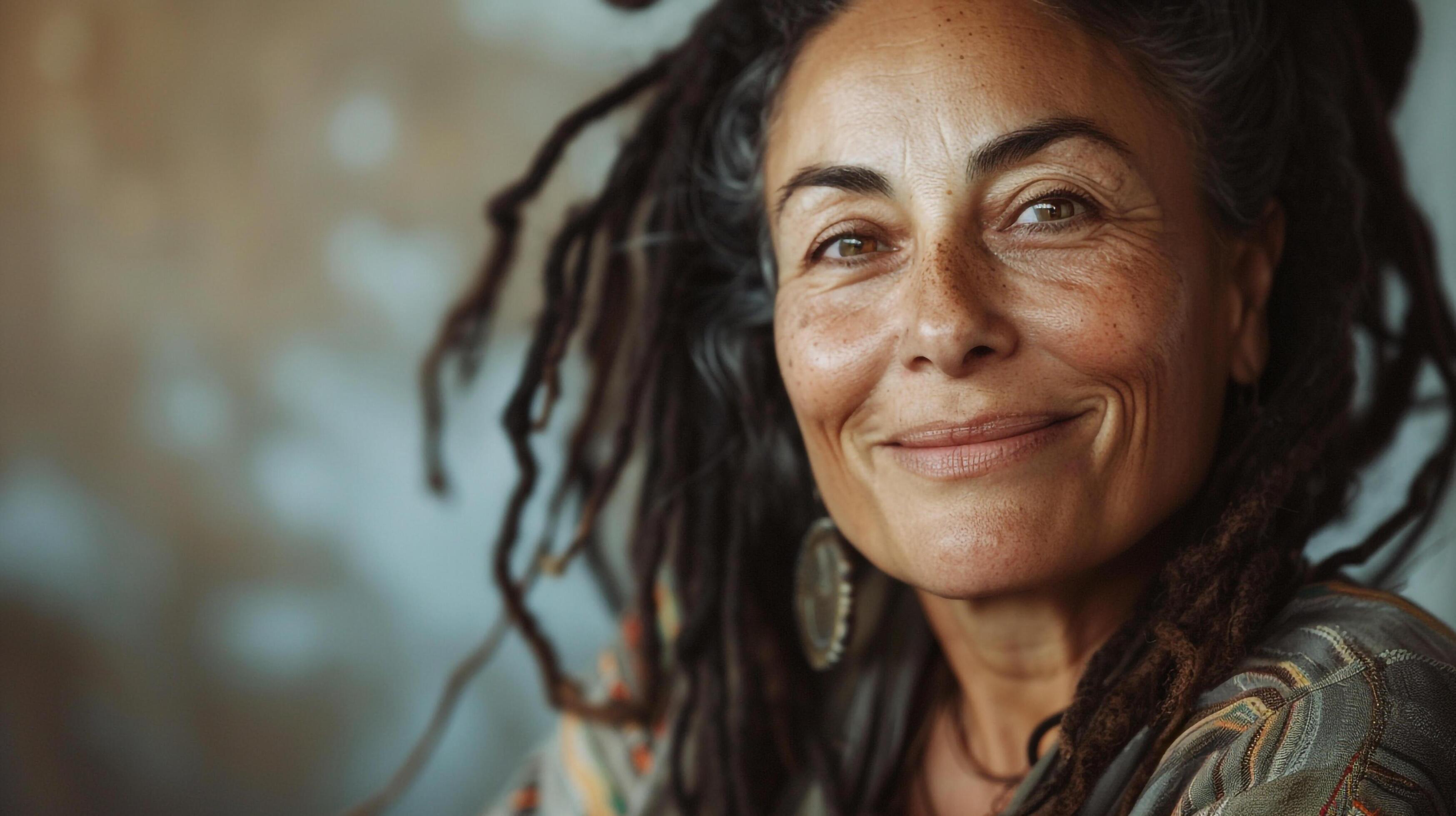 Detailed image of woman with dreadlocks smiling Stock Free