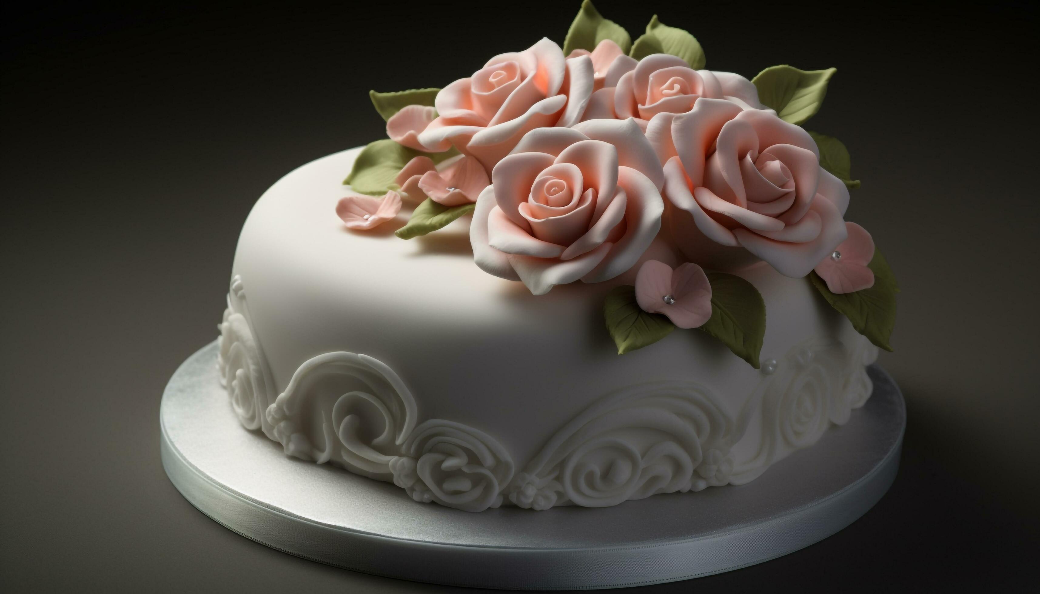 An ornate wedding cake with pink flowers generated by AI Stock Free