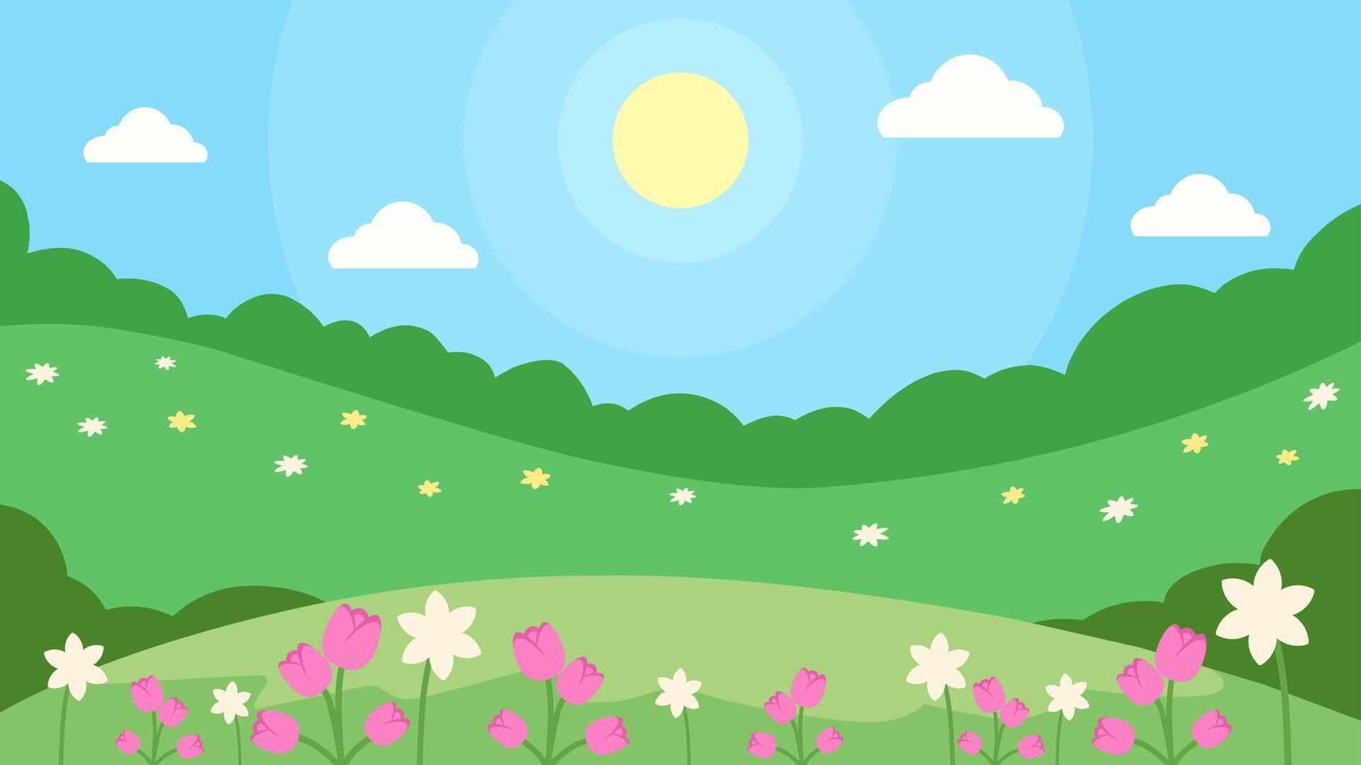 Flat landscape illustration of spring season with blooming flowers Stock Free