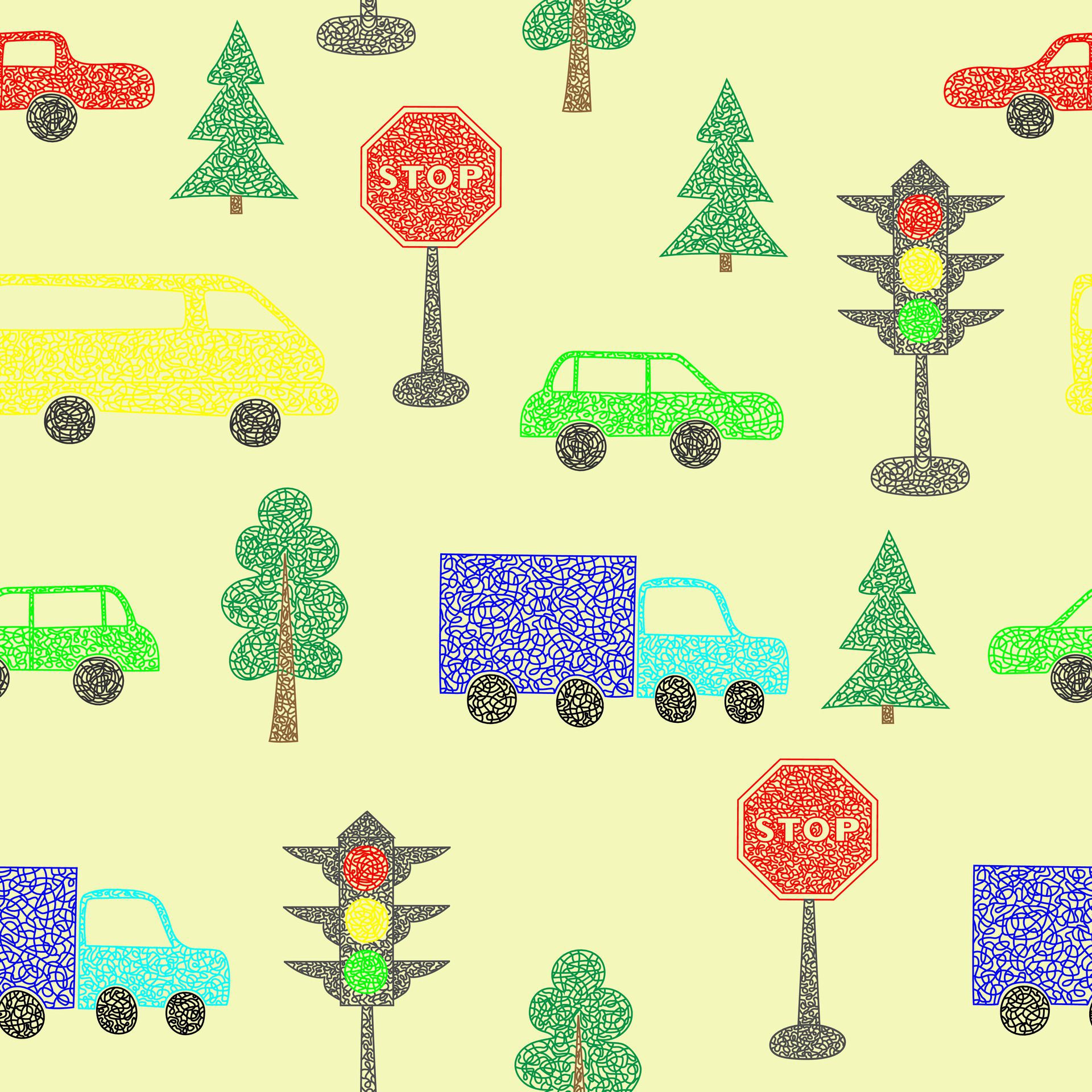 Seamless pattern with hand drawn cars on yellow background in childrens naive style. Free Vector