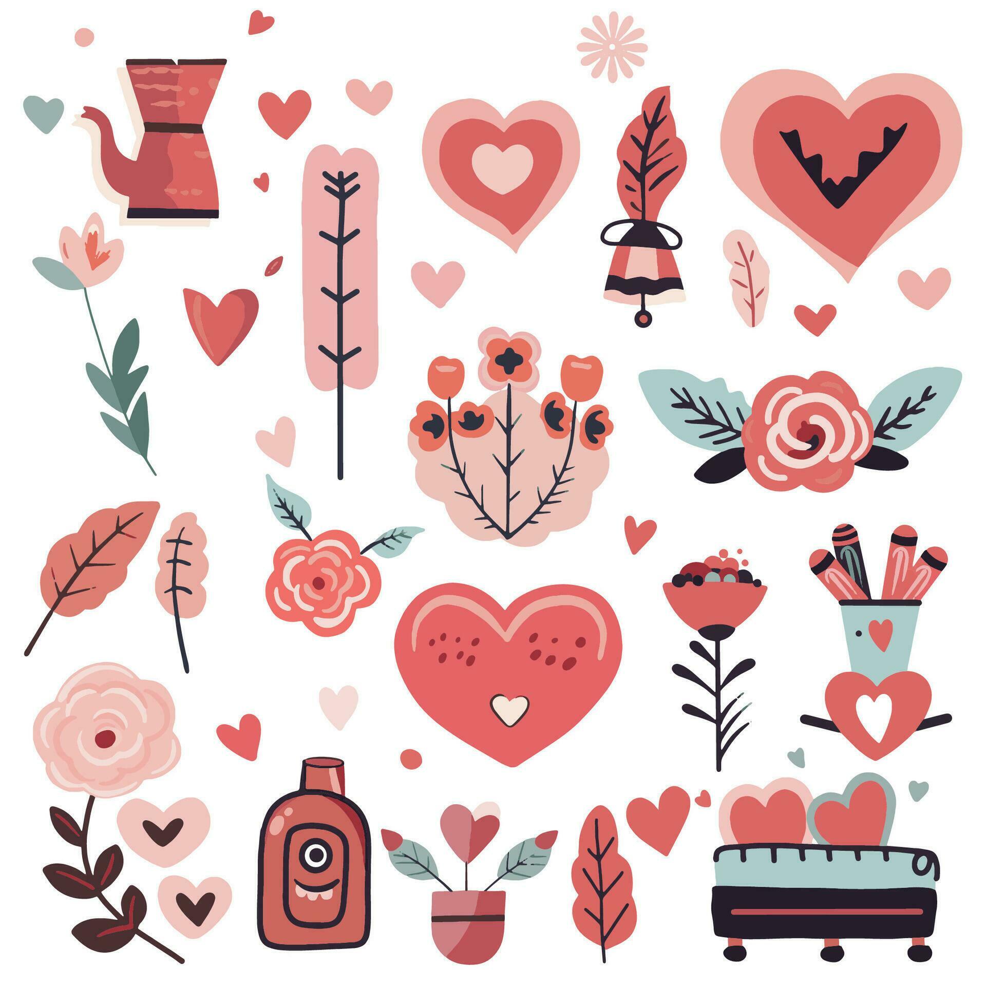 Set of elements for Valentine’s Day. Heart, car, balls, flowers, garland, sweets on a white background. Love stickers set. Stock Free