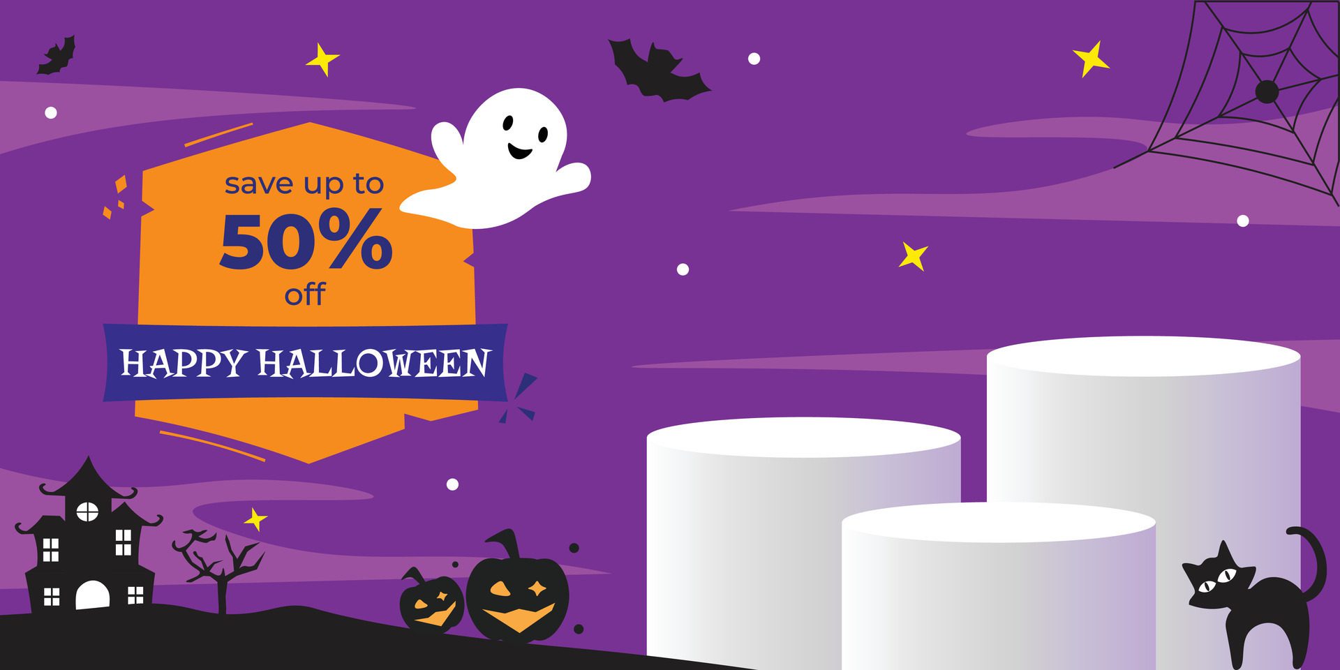 Halloween sale promo banner template with blank product podium Free Vector