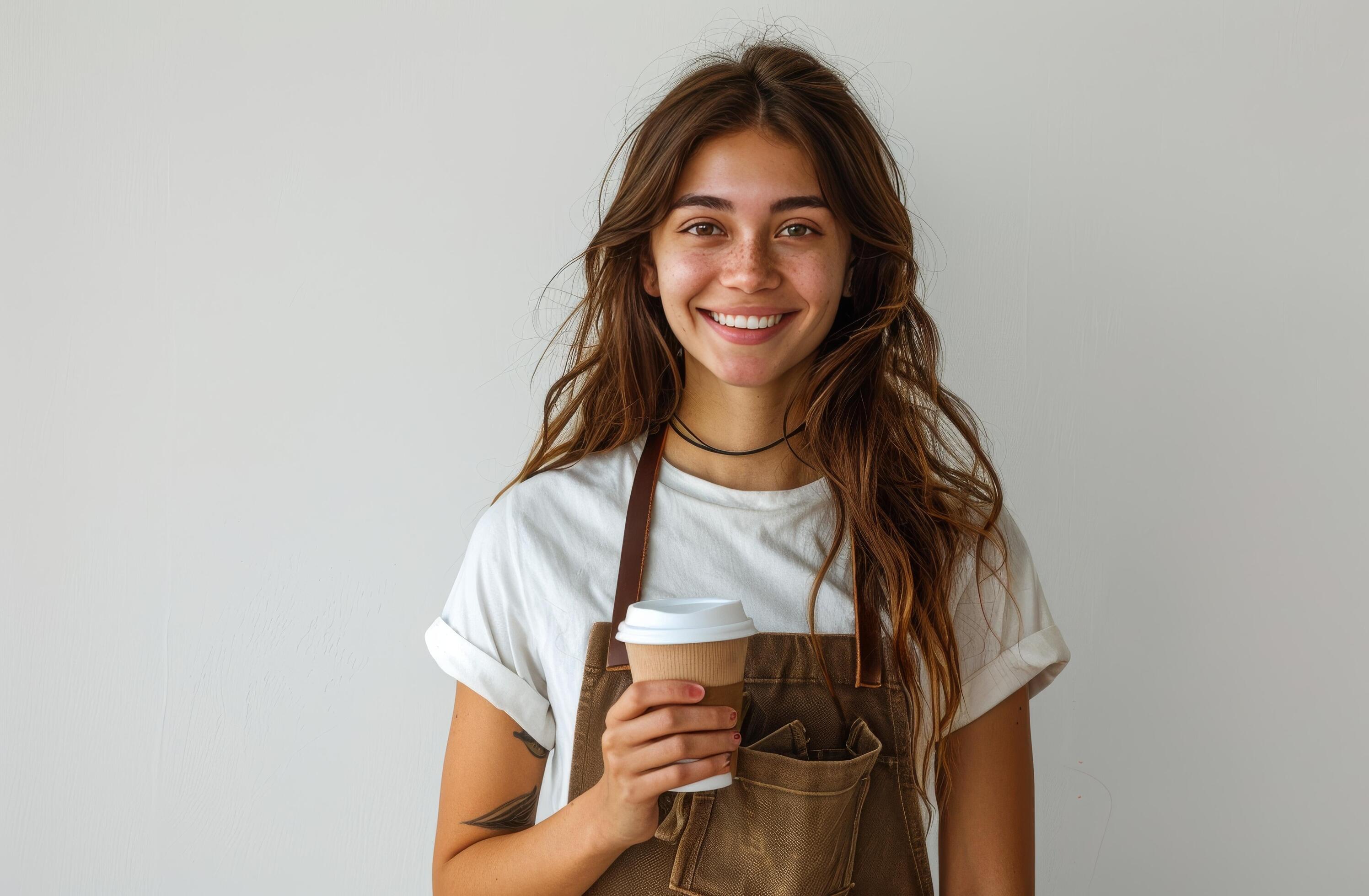 Smiling Woman in Apron Holding Coffee Cup Stock Free