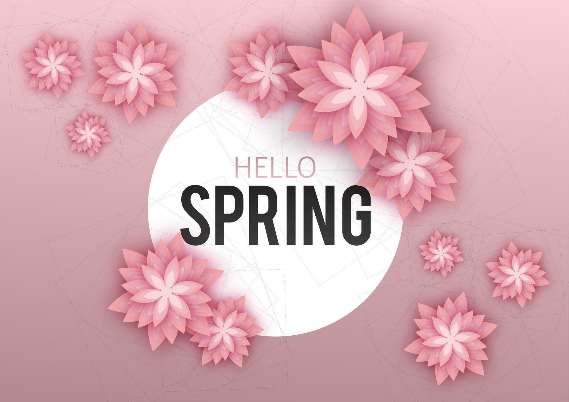 Hello Spring, floral greeting card, paper flowers. Banner with realistic paper flowers. Vector illustration Stock Free