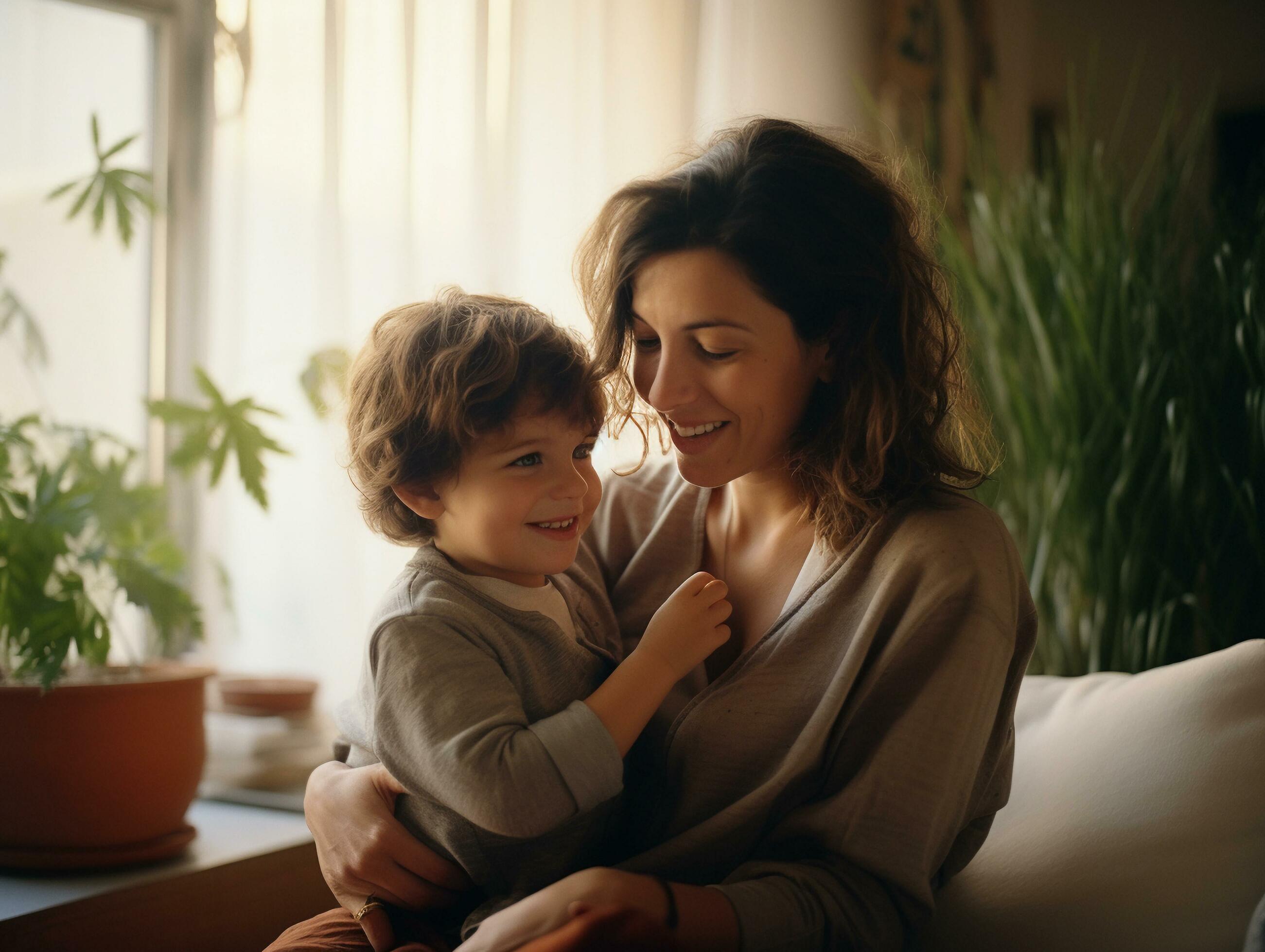 AI generated Happy mother and son hugging and enjoying together in living room, family time concept Stock Free