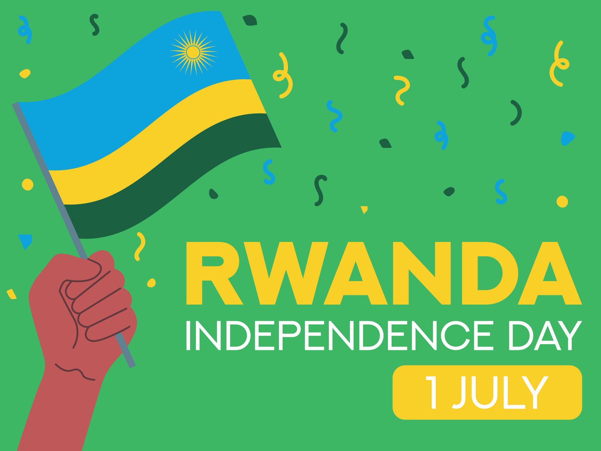 rwanda independence day 1 July. rwanda flag in hand. Greeting card, poster, banner template Free Vector