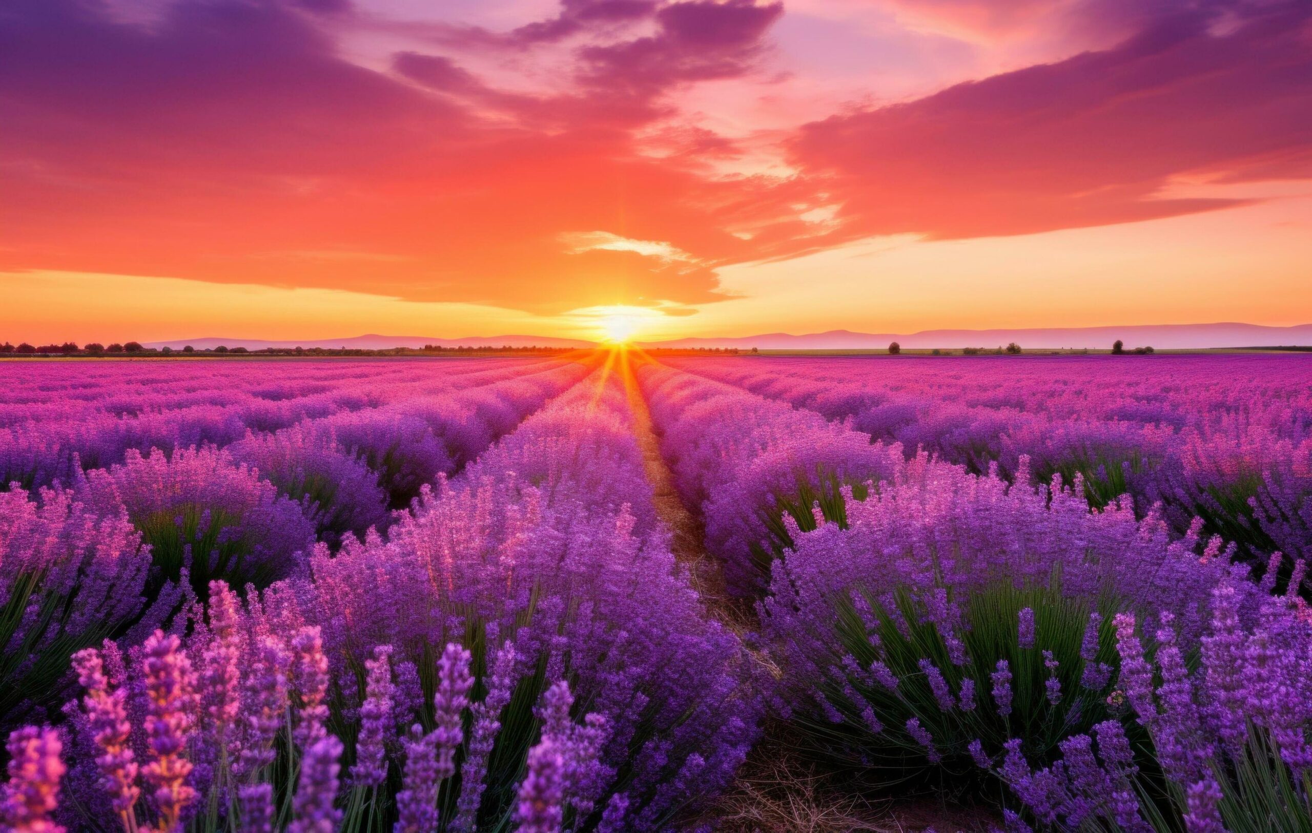 new lavender field at sunset Free Photo