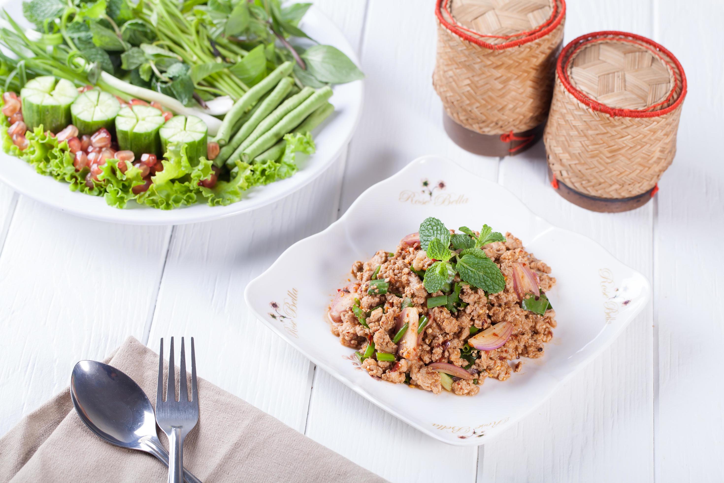 Spicy minced pork salad , Thai food Stock Free