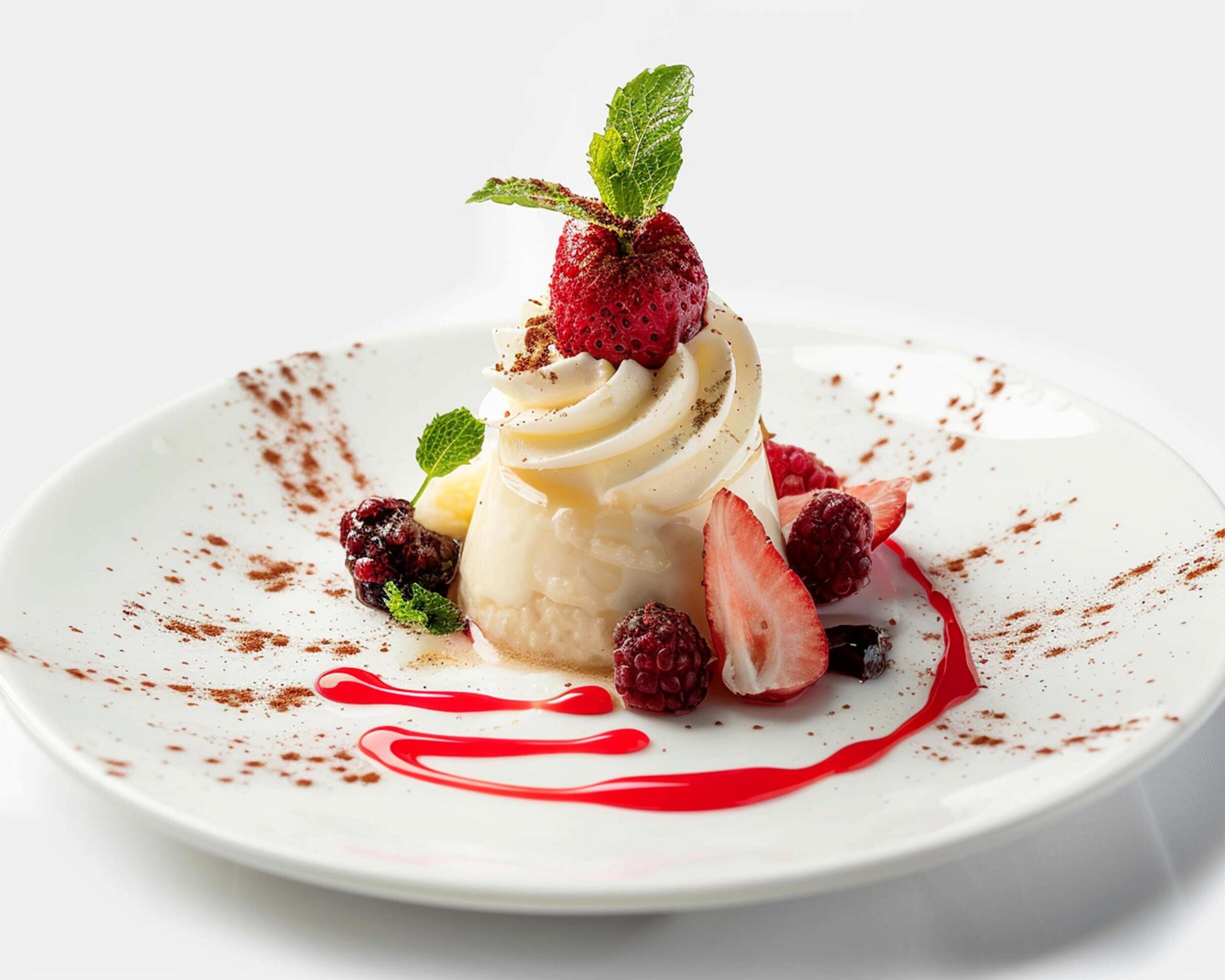 a dessert on a white plate with strawberries and a mint leaf Stock Free