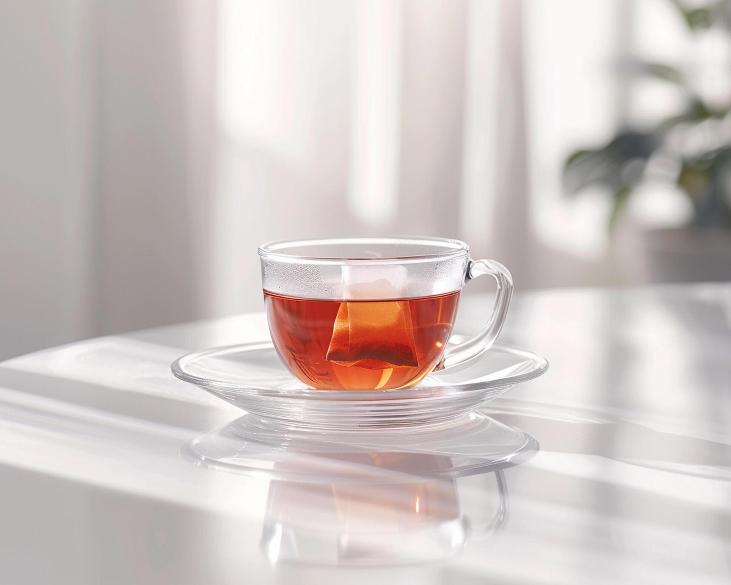 a glass cup of tea sits on a table Stock Free