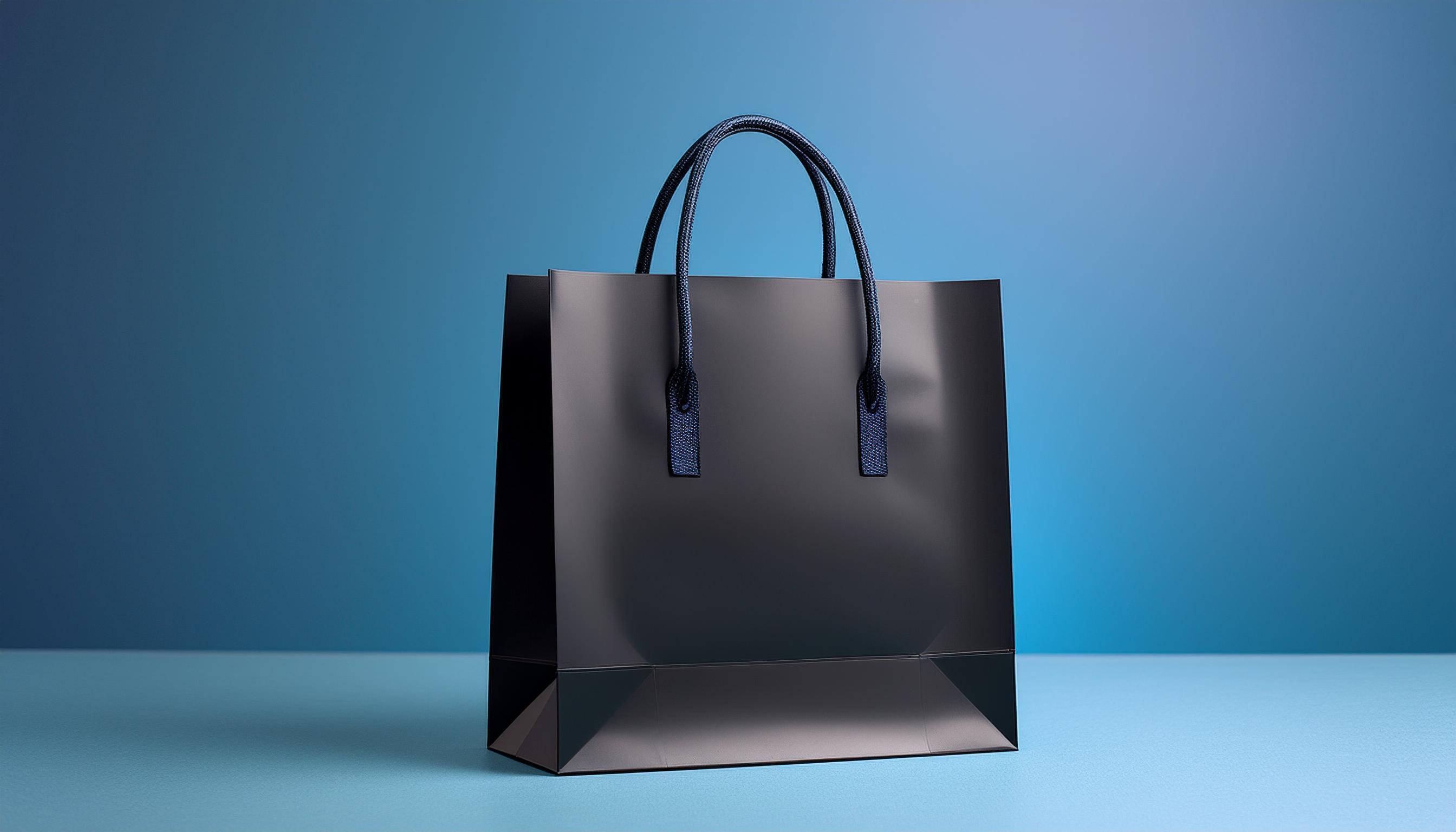 black shopping bag with empty space, blue studio background. Stock Free