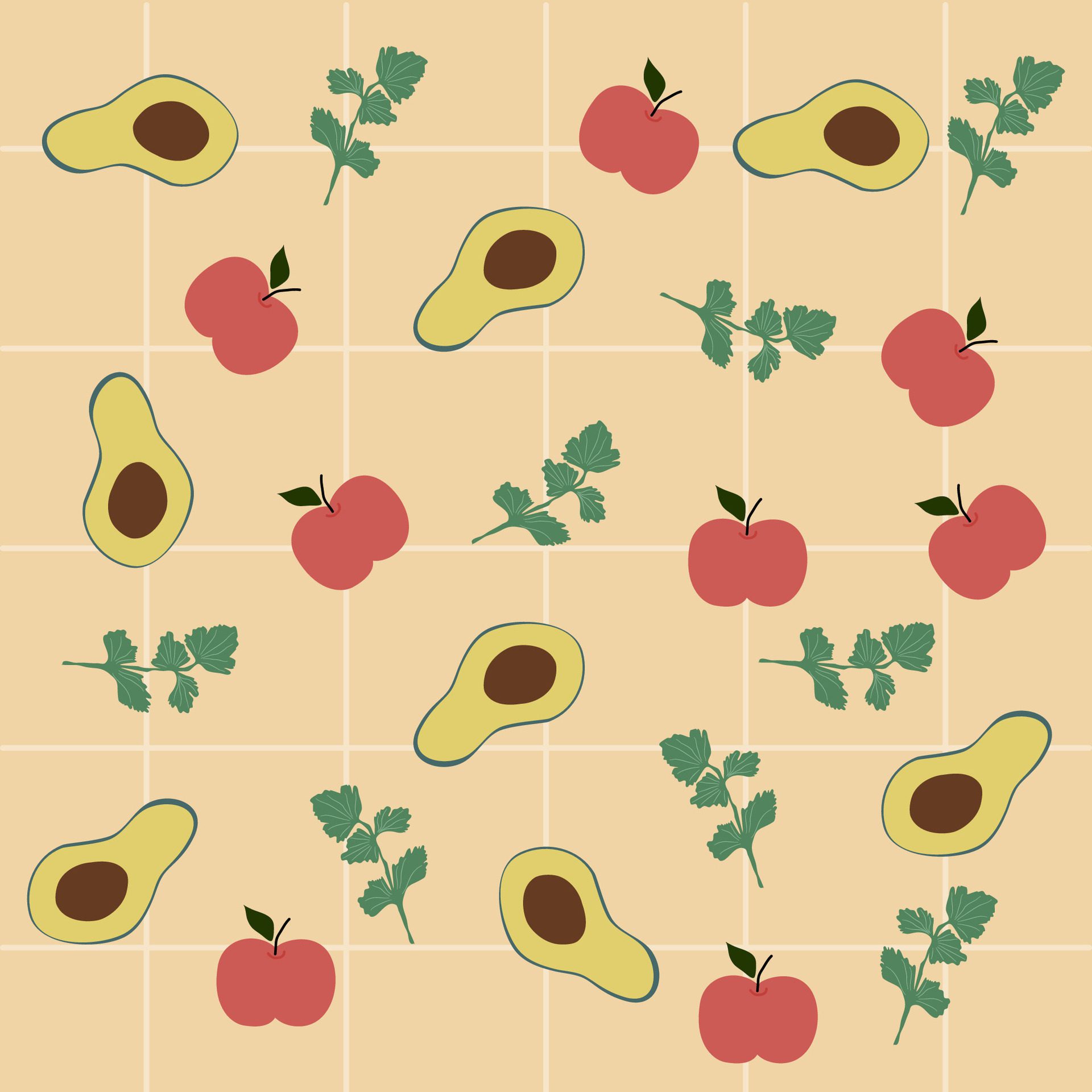 Avocado, Parsley and apple pattern on yellow background. Breakfast pattern for wallpaper, surface design and fabric pattern Free Vector