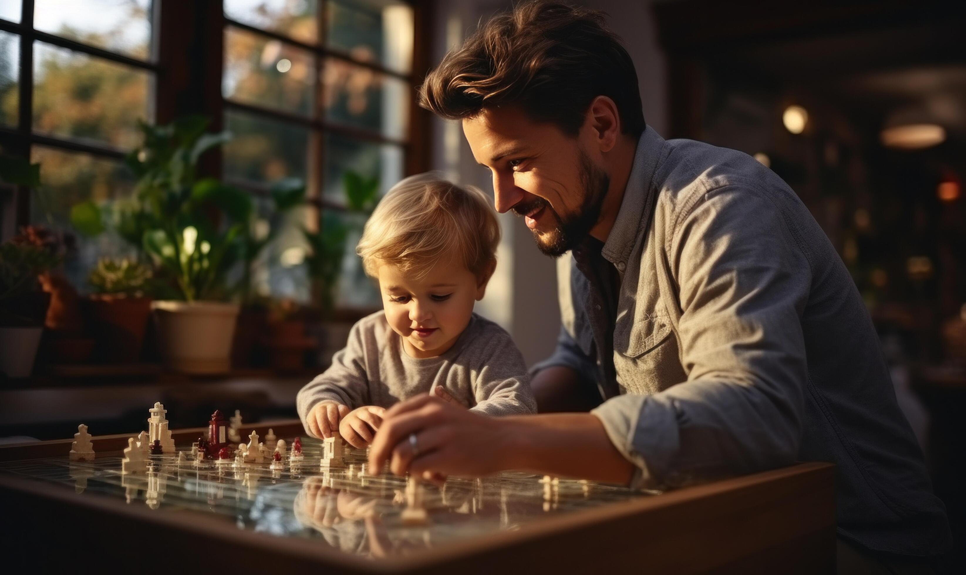 AI generated happy family man with his son playing on the table Stock Free