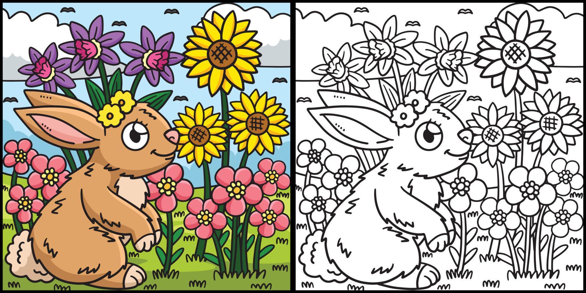 Spring Rabbit and Flowers Coloring Illustration Stock Free