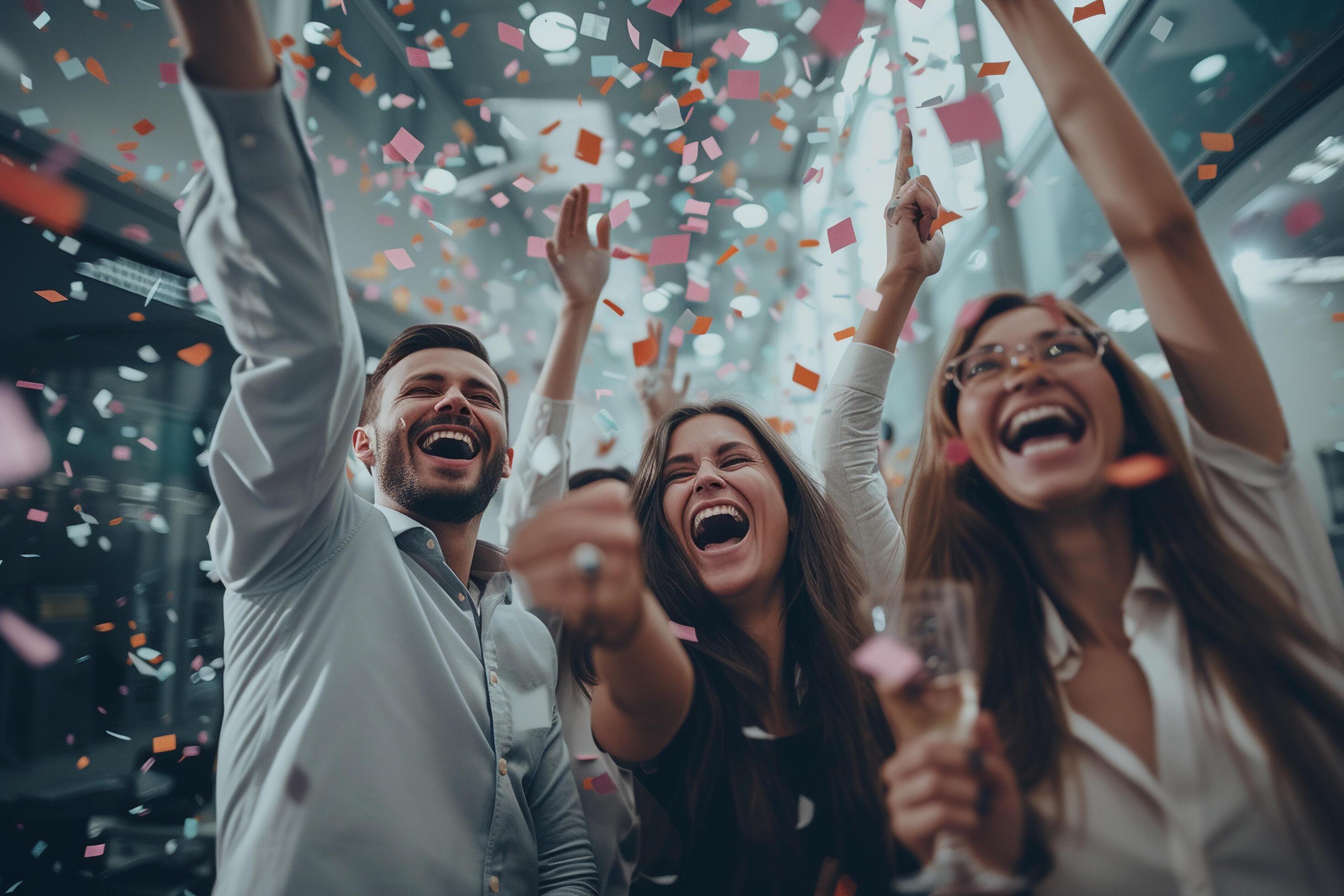 AI generated Group of happy business people celebrating success with raised hands in office. Stock Free