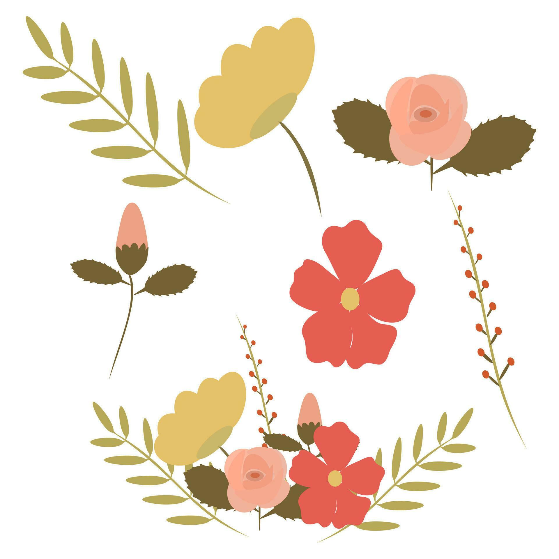 Flowers Bouquet Vintage Color Vector Image. Set of floral elements for design. Vector illustration. EPS10. Stock Free