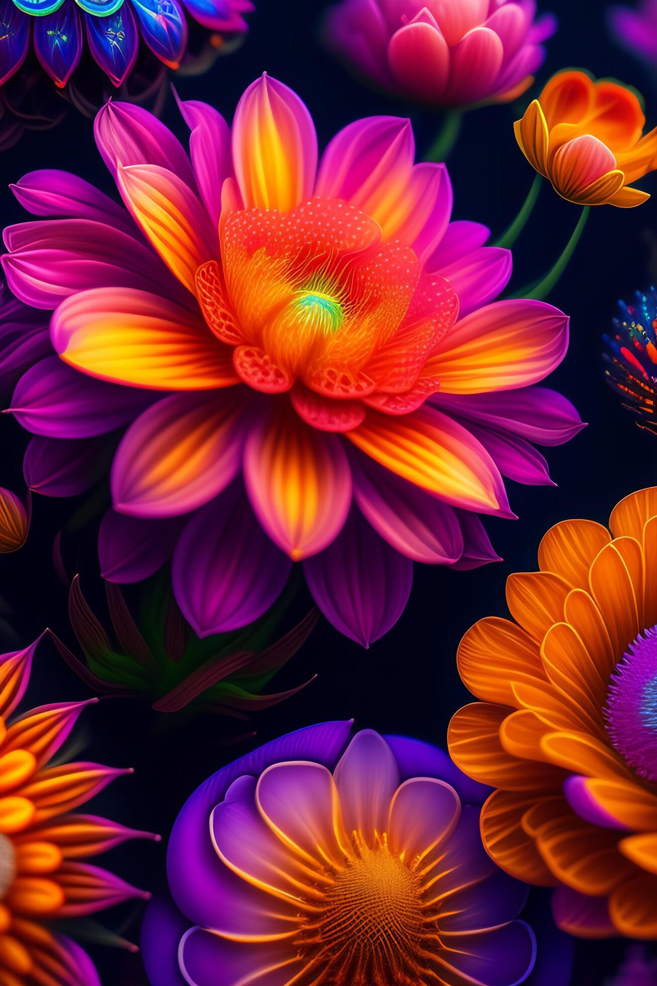 Colorful flowers on black background. Digital painting. Stock Free