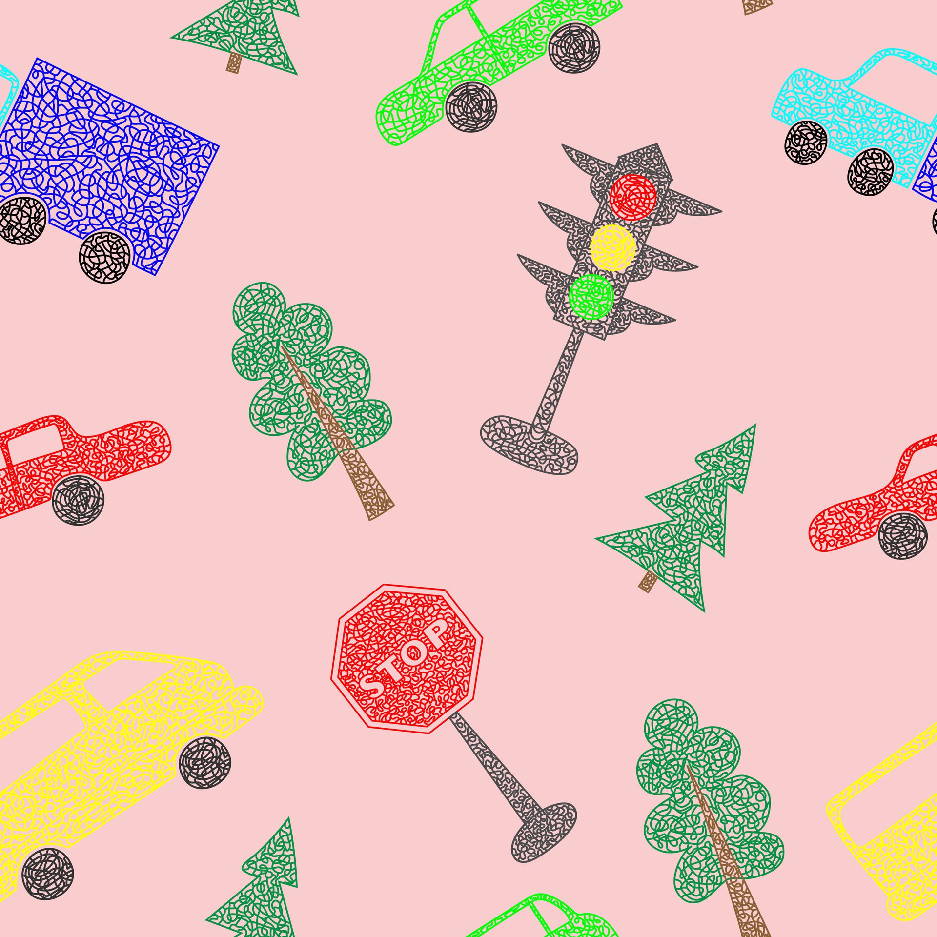 Seamless pattern with hand drawn cars on pink background in childrens naive style. Free Vector