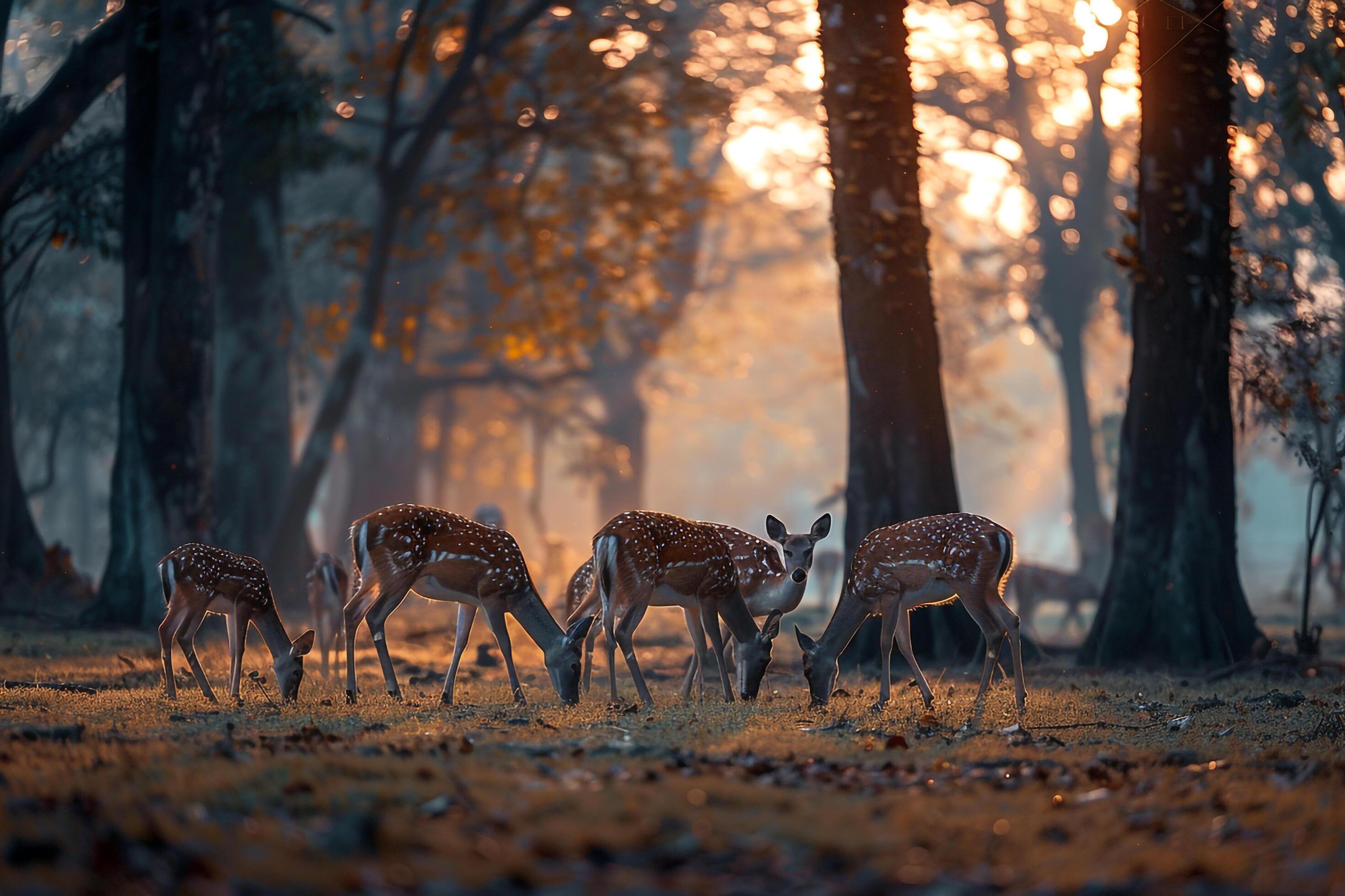 family of deer grazing in a forest clearing at dawn nature background Stock Free