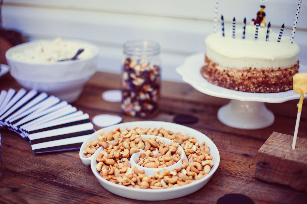 Birthday Party Cashews Nuts Tray Cake Black White Wood Stock Free