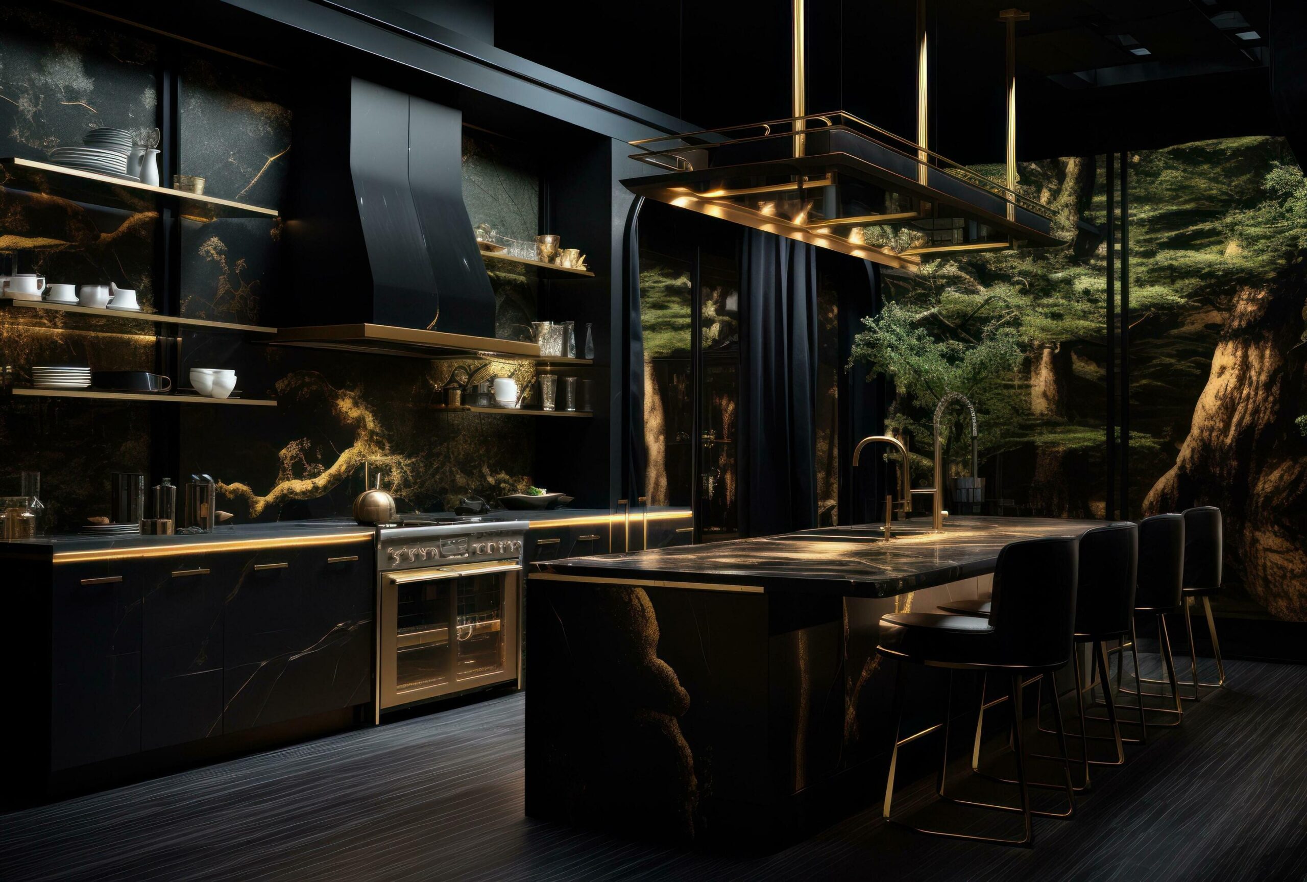 a large black and gold kitchen with wood, Free Photo