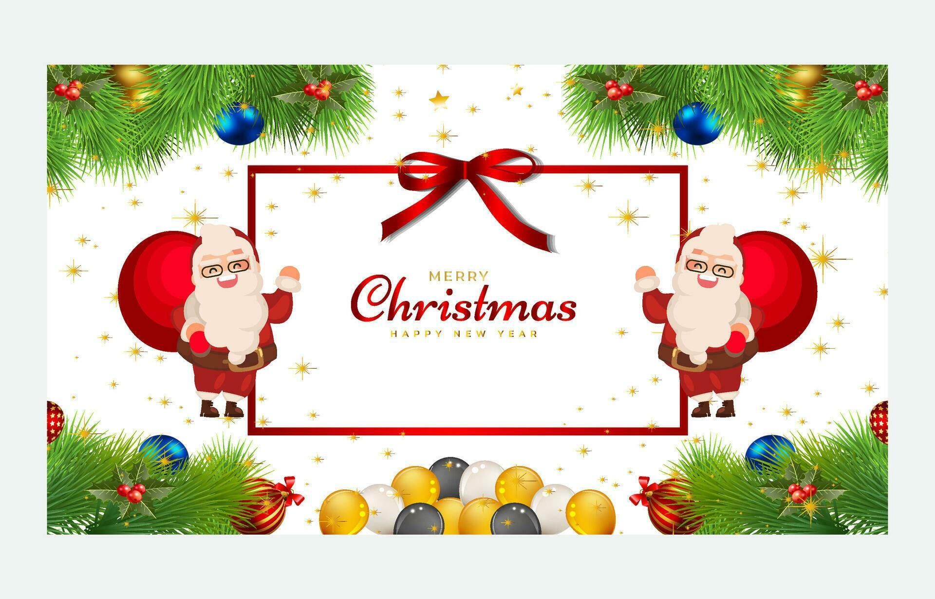 Merry Christmas and Happy New Year. Xmas background banner with Christmas flower, tree, star, balls and golden decoration design. Stock Free