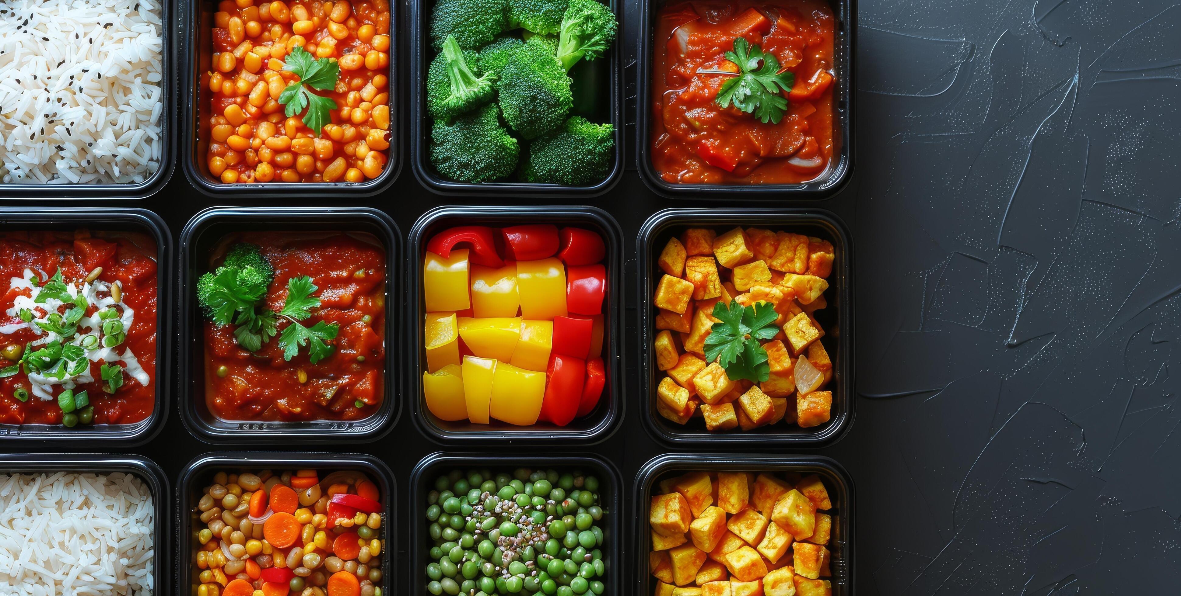 Prepared Meal Containers With Various Vegetables, Rice, and Protein Stock Free