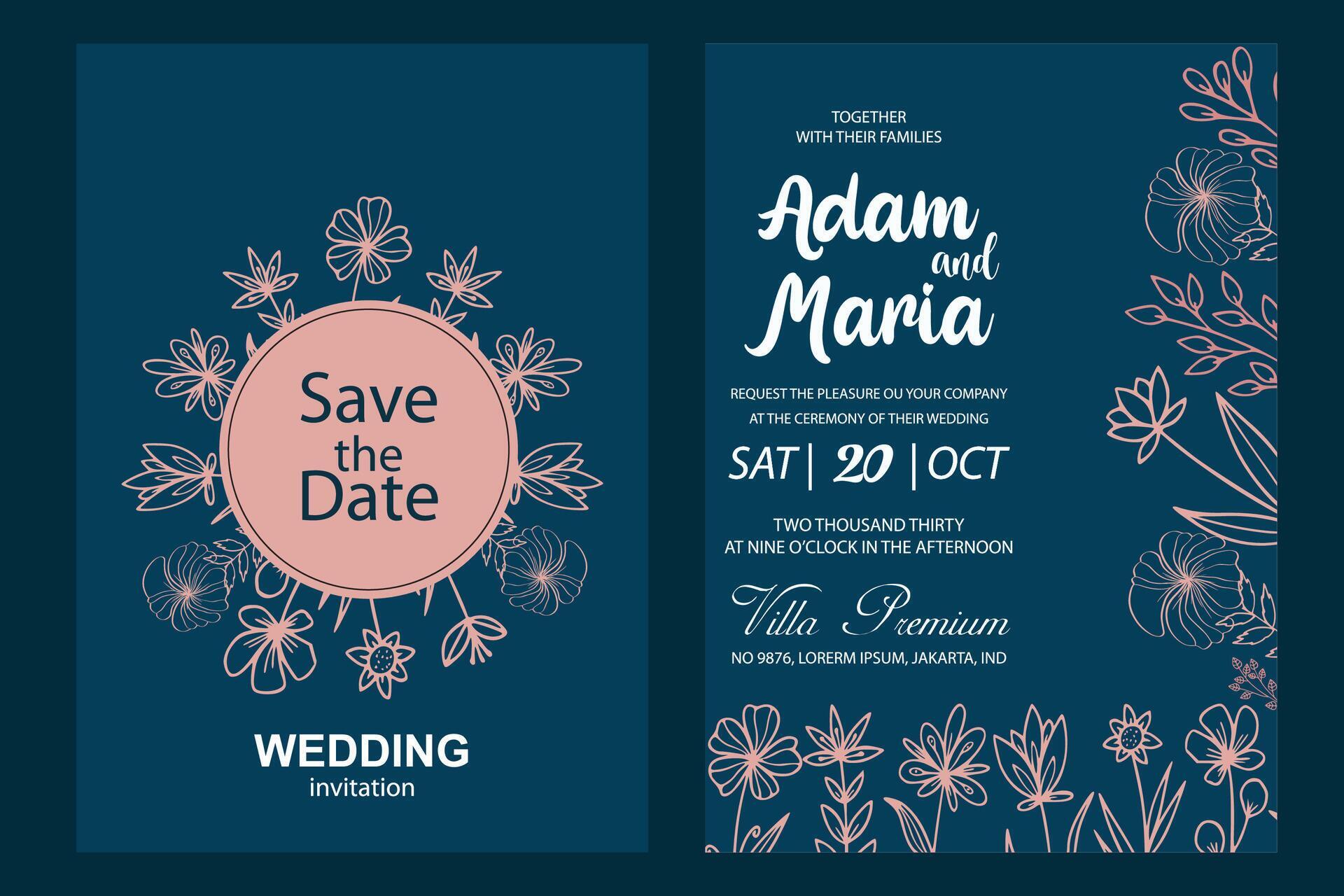 Wedding invitation card with pink flower vectors Stock Free