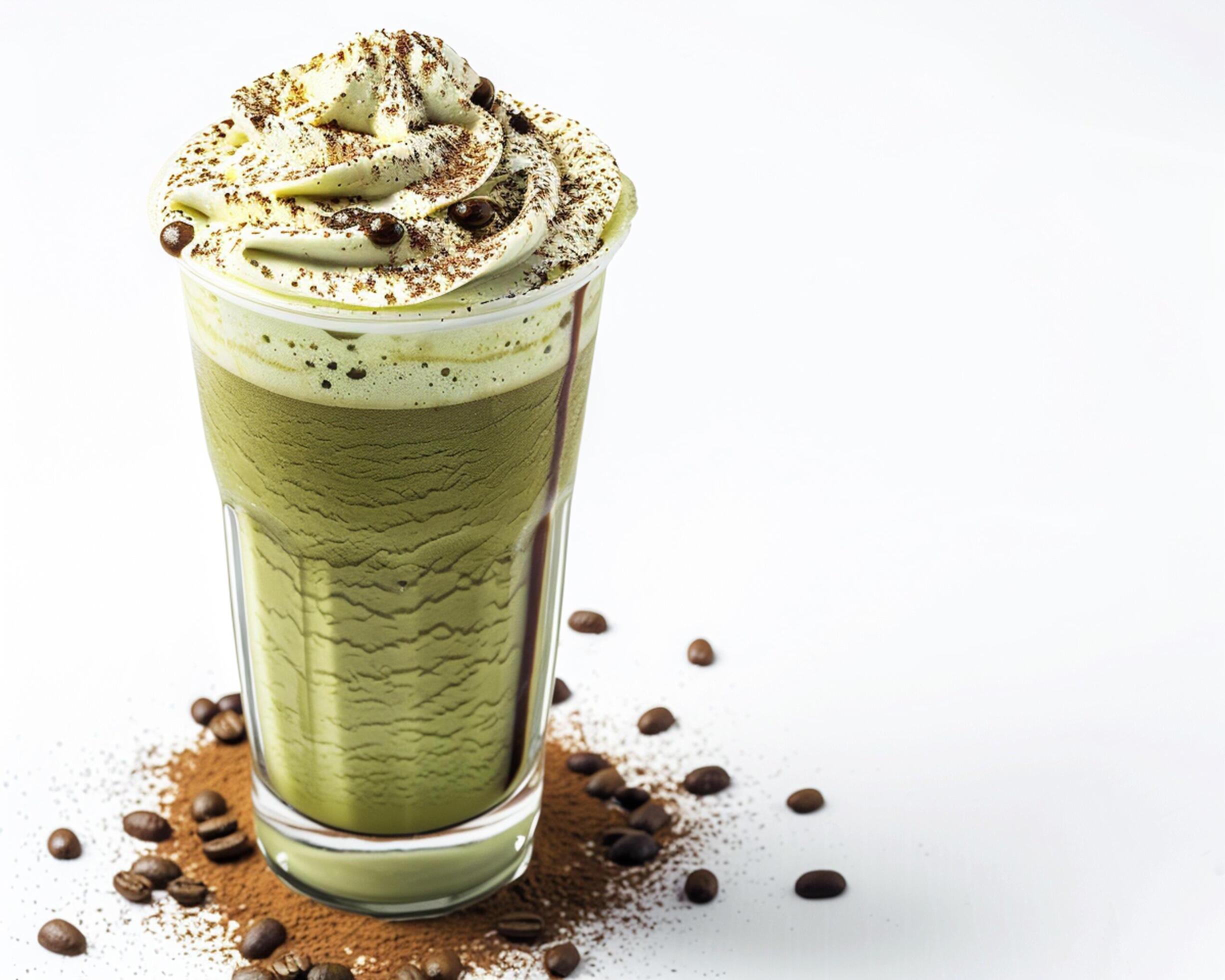 a green smoothie with coffee beans and whipped cream Stock Free