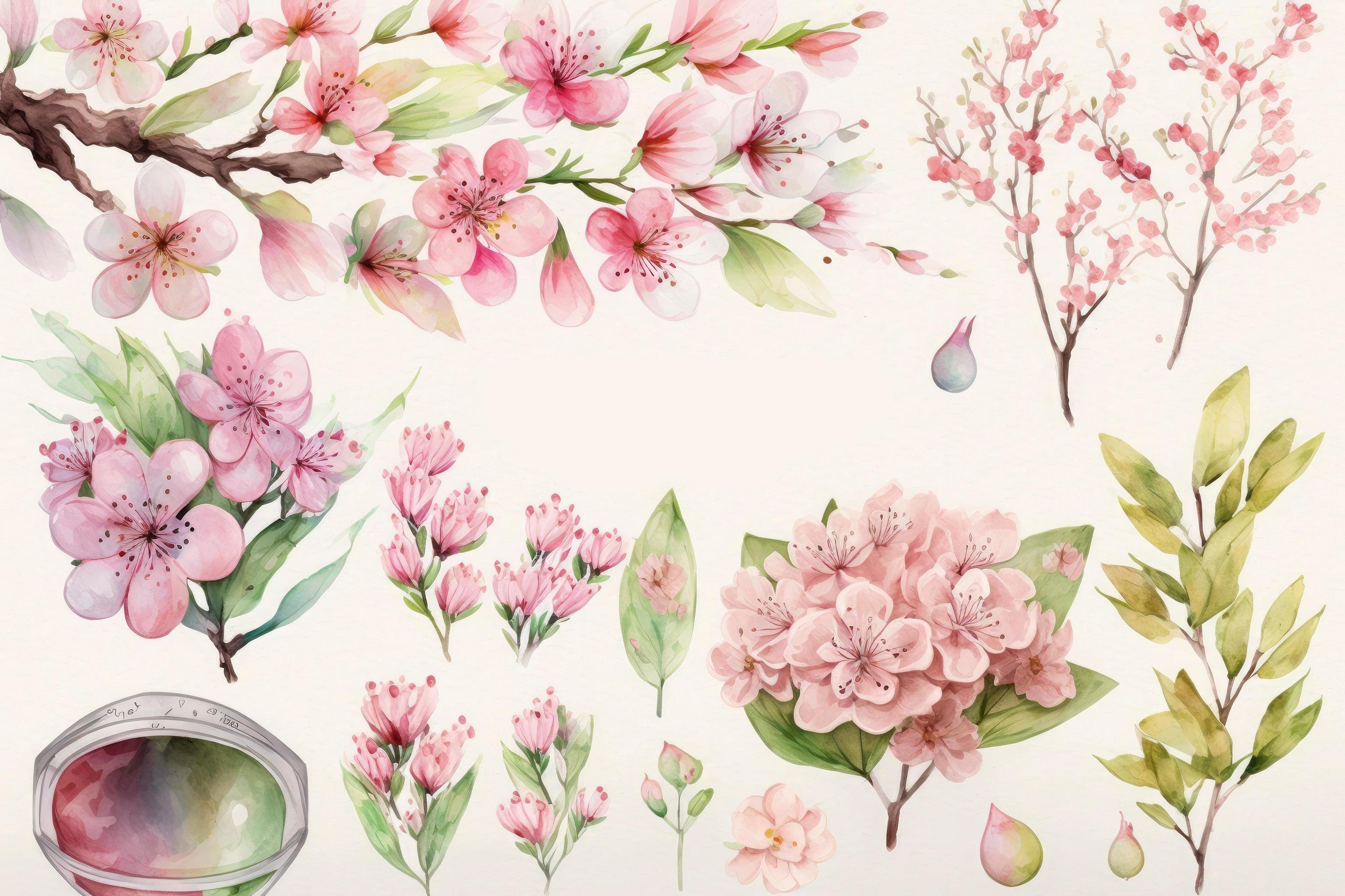 decoration Spring flower set Watercolor cherry background Stock Free