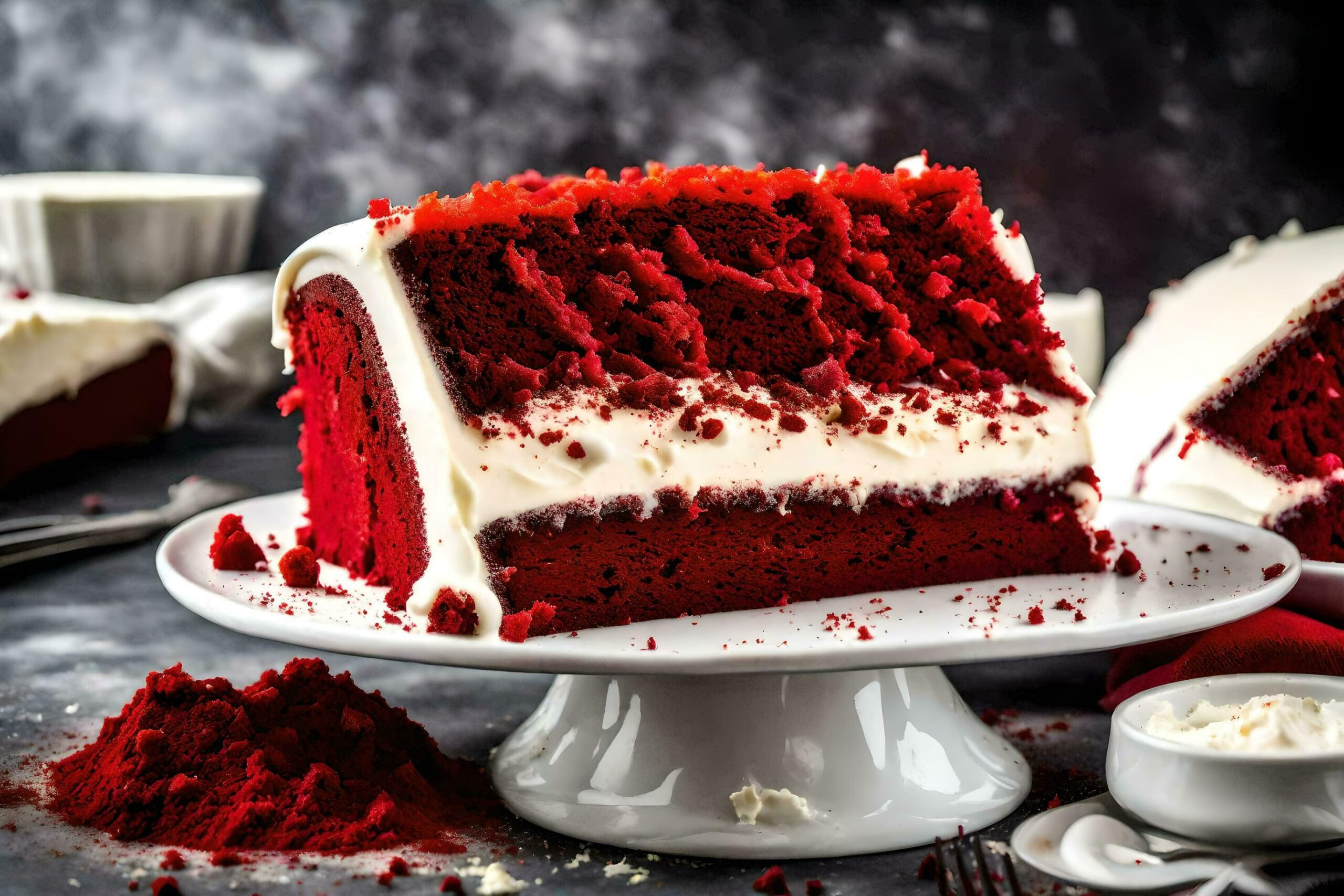 a slice of red velvet cake on a white plate Free Photo