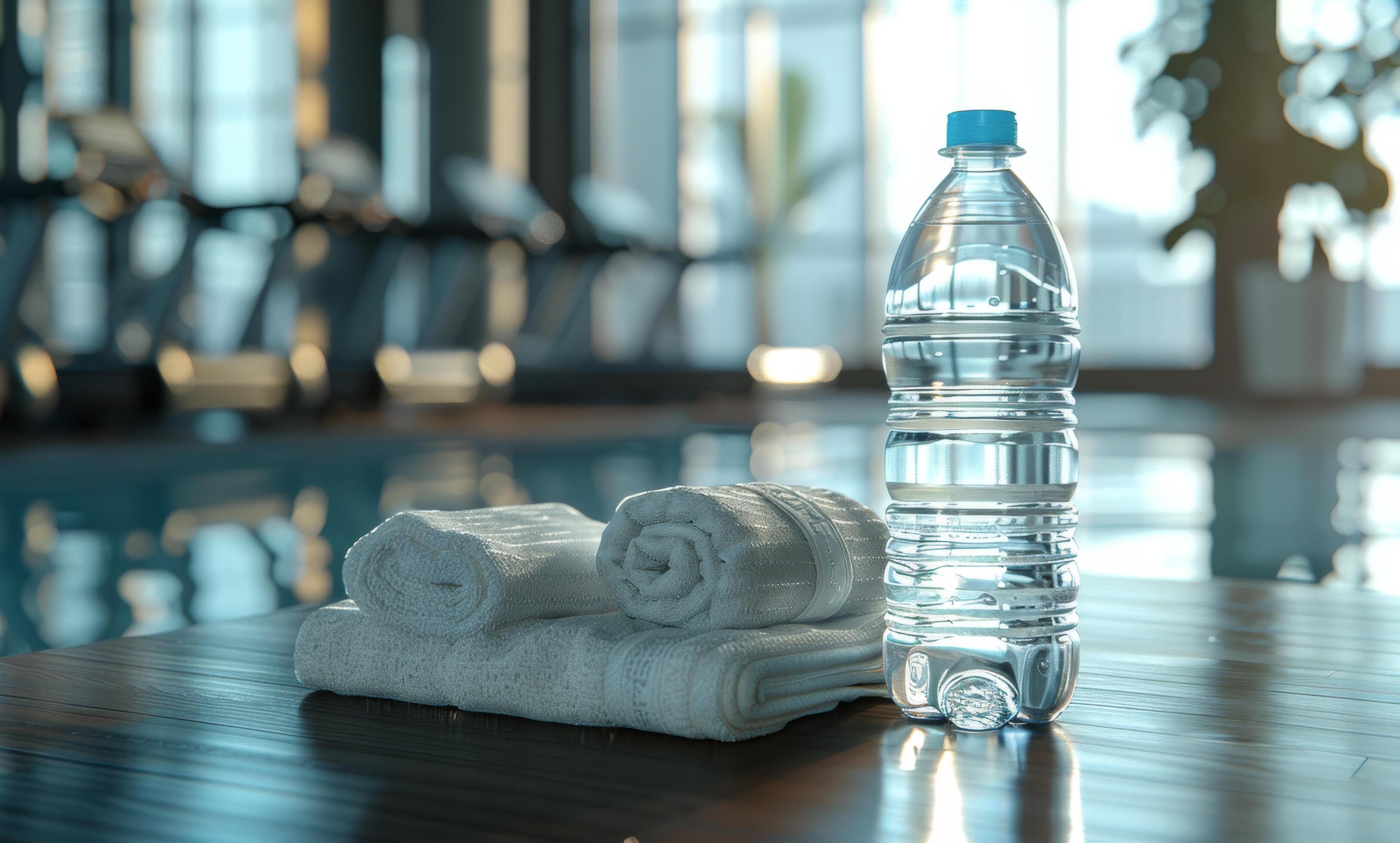 Water Bottle and Towels Resting by Poolside in Fitness Center Stock Free