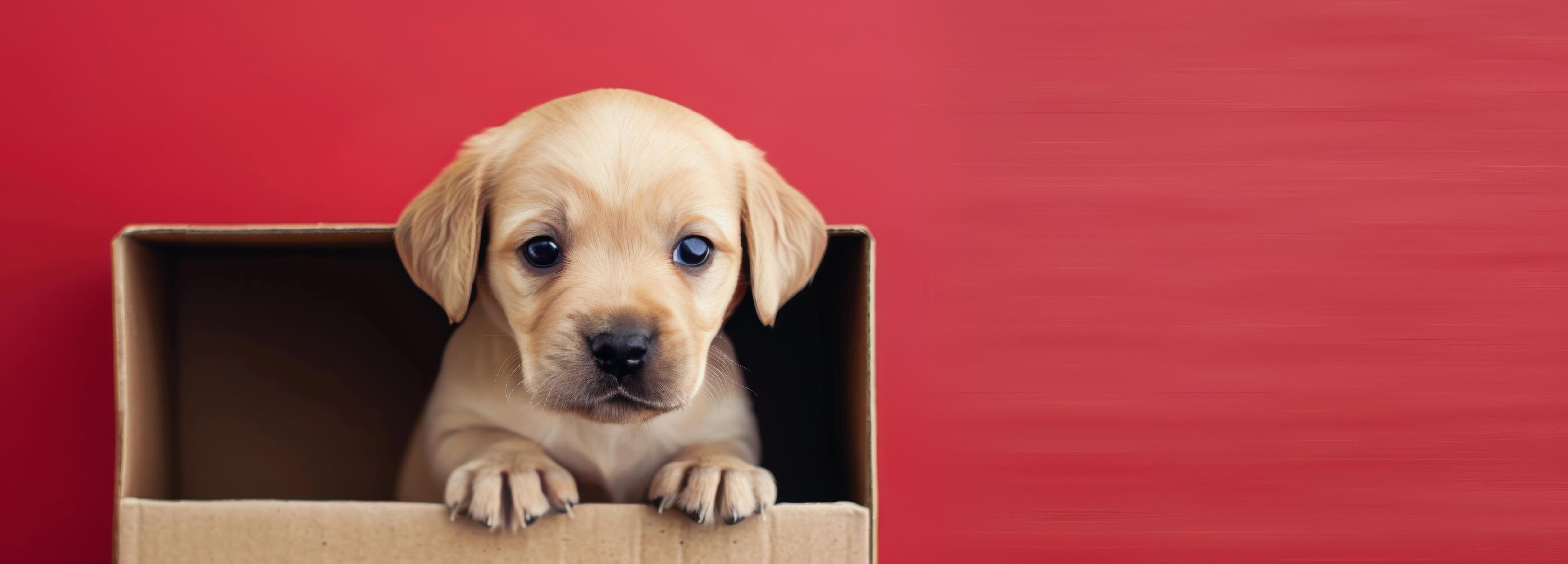 Cute Puppy Inside Cardboard Box Against Red Background Stock Free