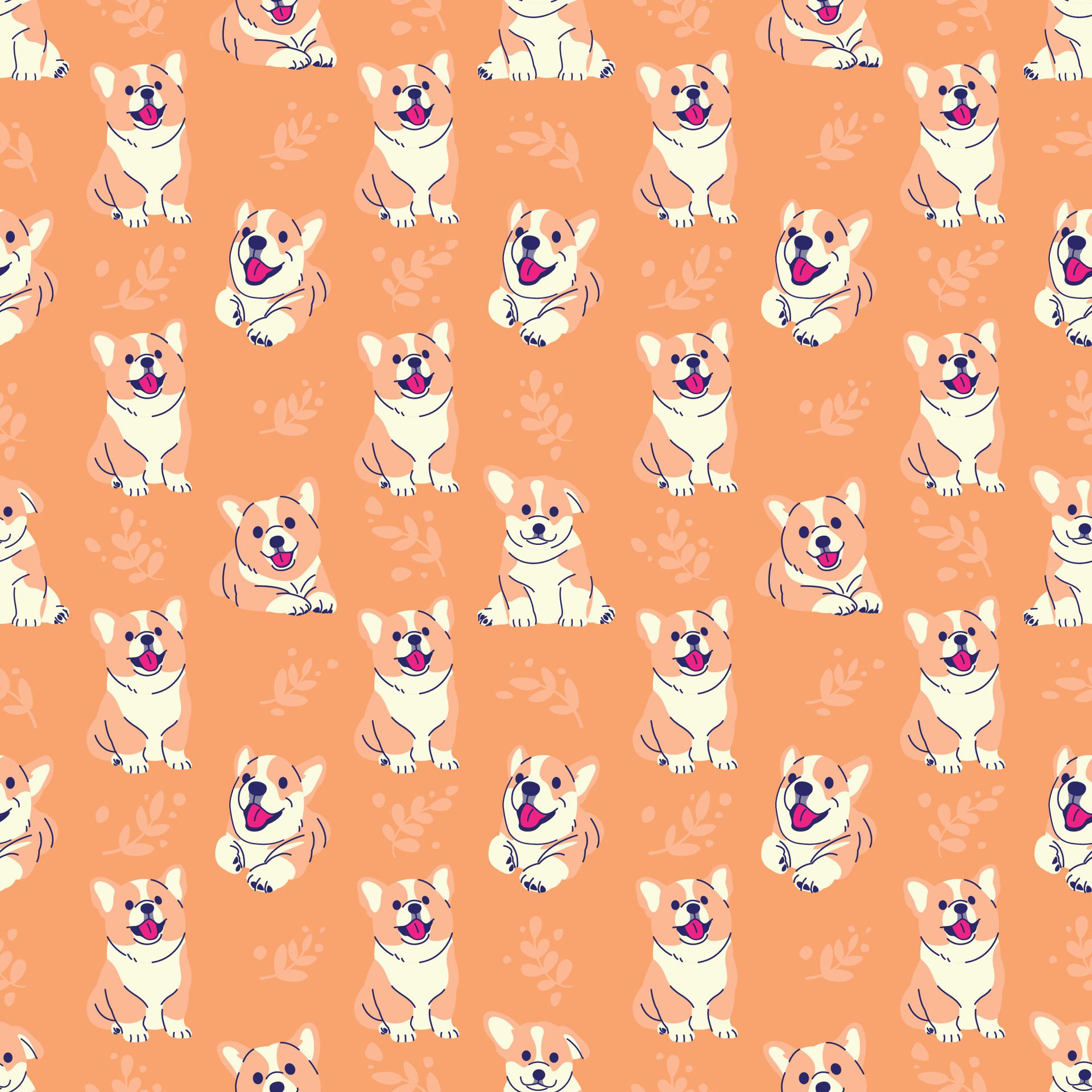 CUTE CORGI PUPPIES WITH LEAFS PATTERN DESIGN Free Vector