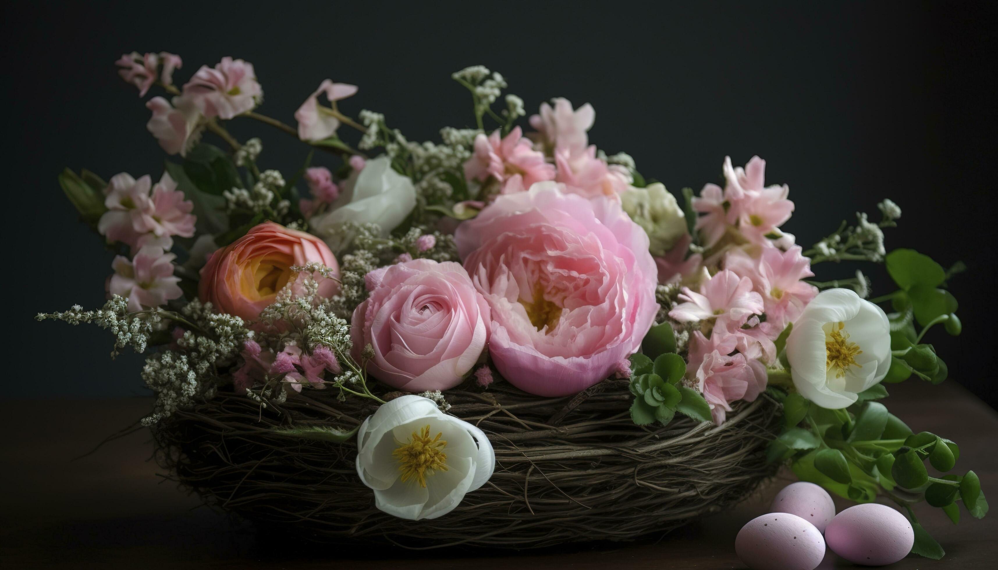 Pink Spring Flower Arrangement, Easter Decoration, generate ai Stock Free