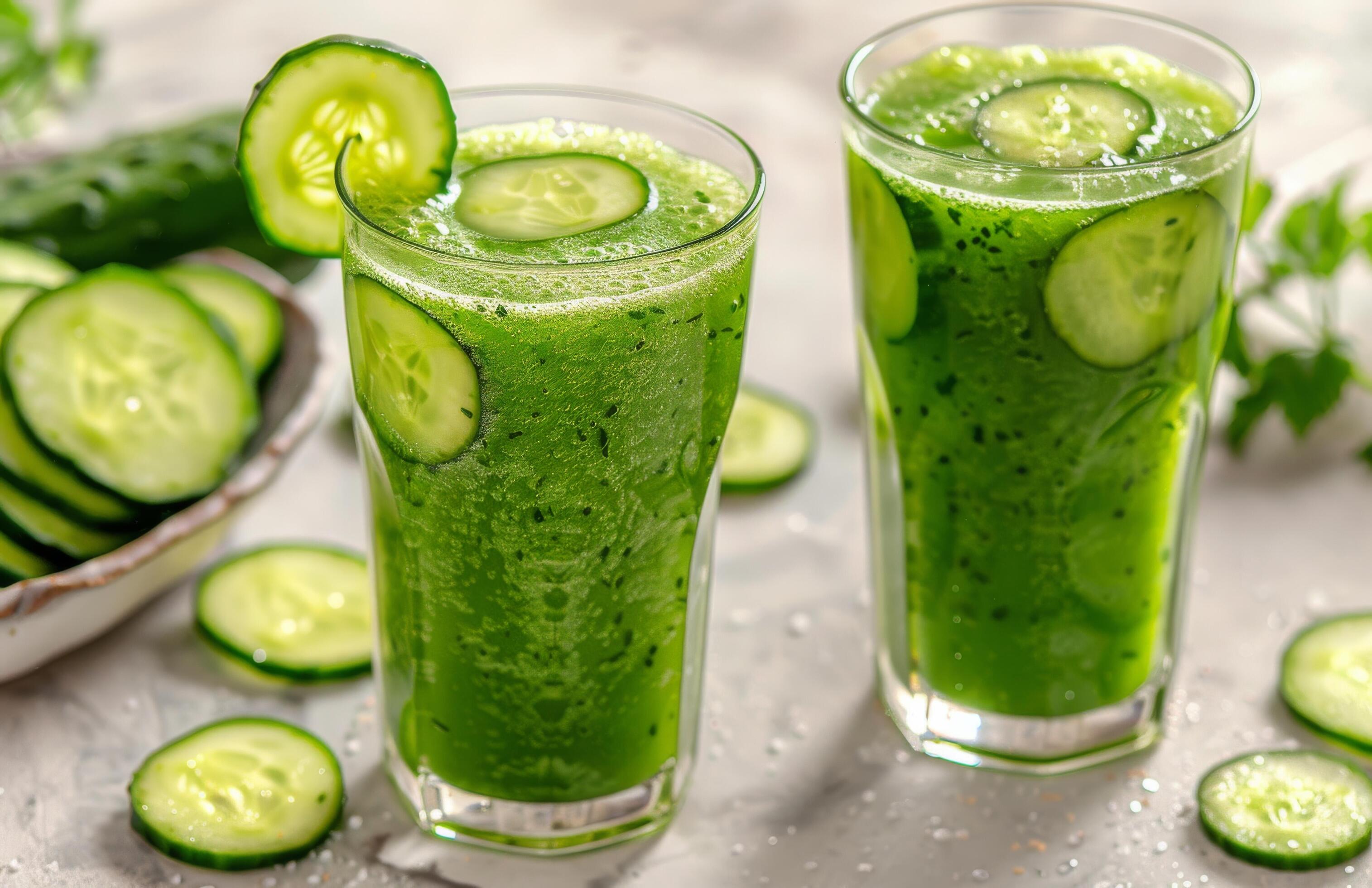 Refreshing Cucumber Juice With Sliced Cucumbers on a White Surface Stock Free