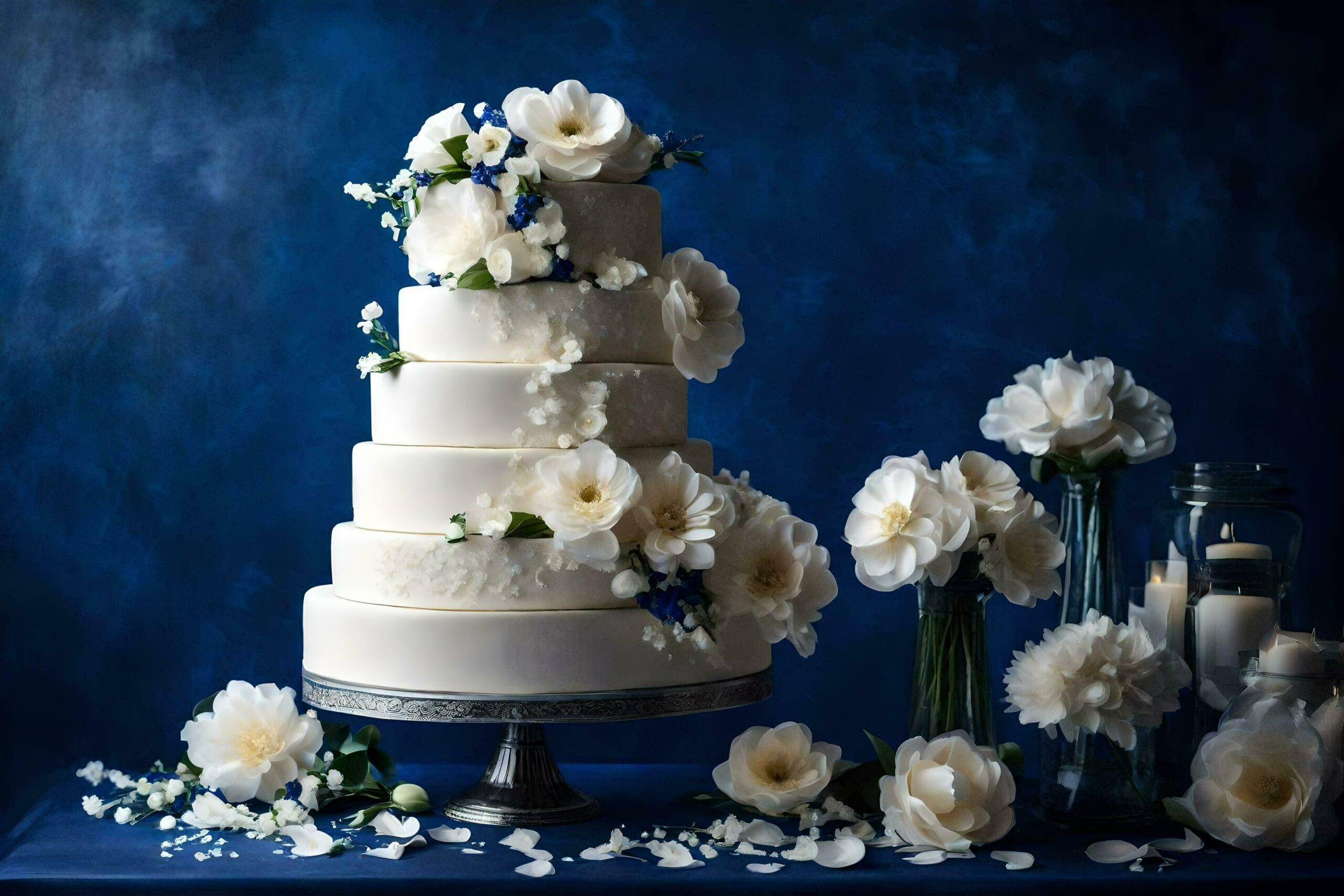 a white wedding cake with white flowers on it Free Photo