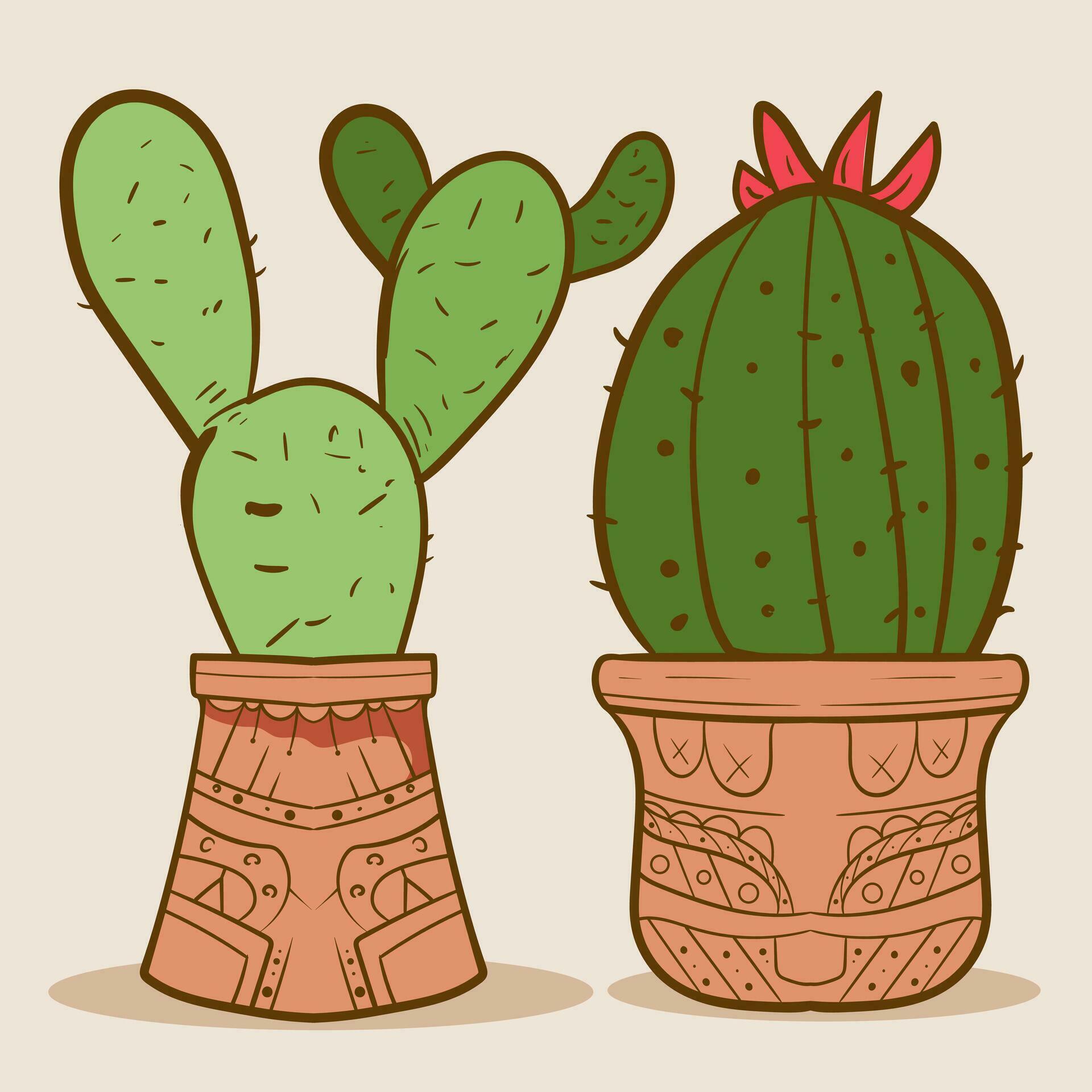 Plant room green cactus. Cute green cactus in flower pots Flat, cartoon style. Vector illustration white background. Element design. Stock Free