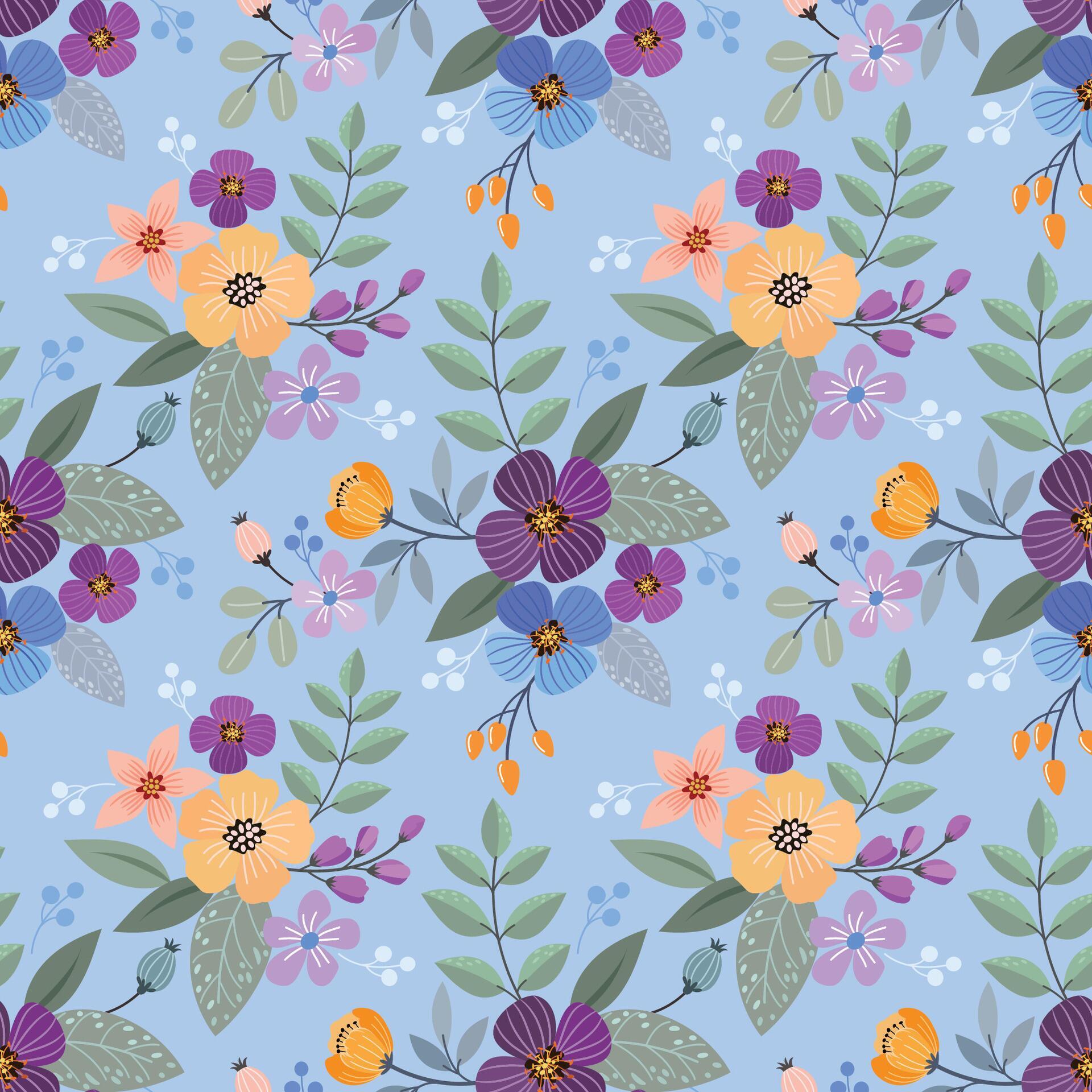 Flowers and leaf design on blue background seamless pattern. Stock Free