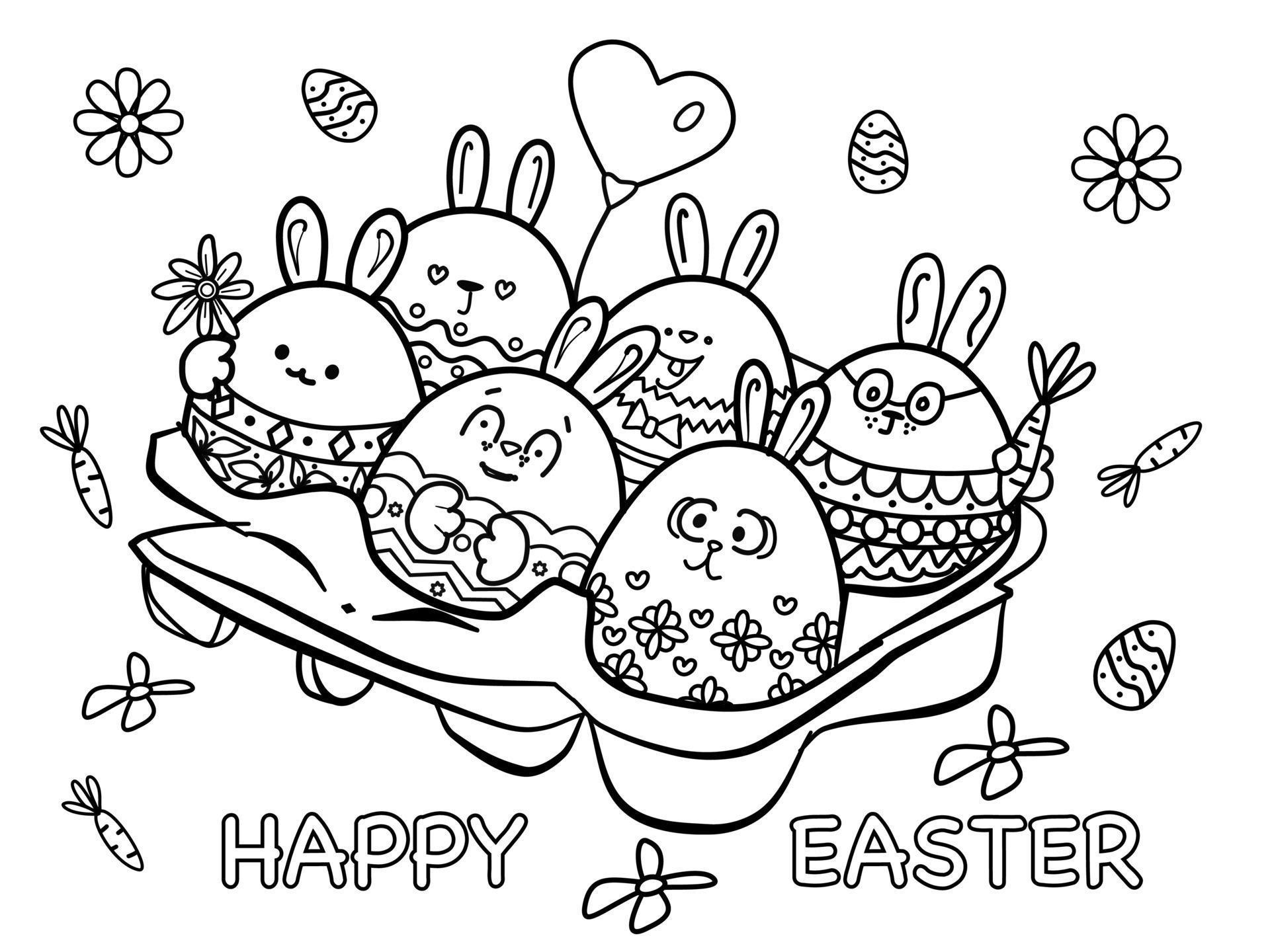 Vector illustration Happy Easter, black and white coloring page, funny eggs, flowers, carrots on white isolated background Stock Free