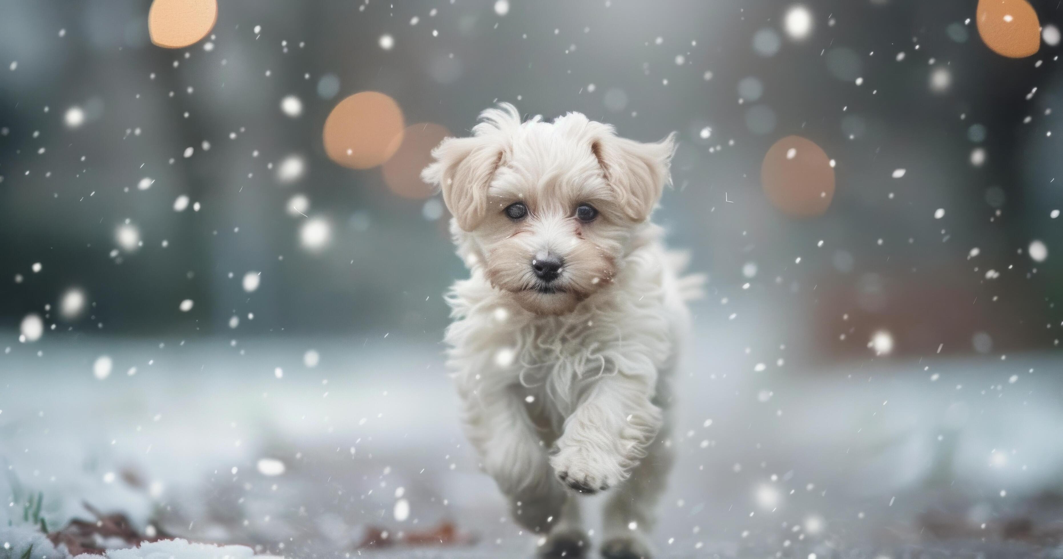 Playful Puppy Running Through Snow With Sparkling Lights in Winter Wonderland Stock Free