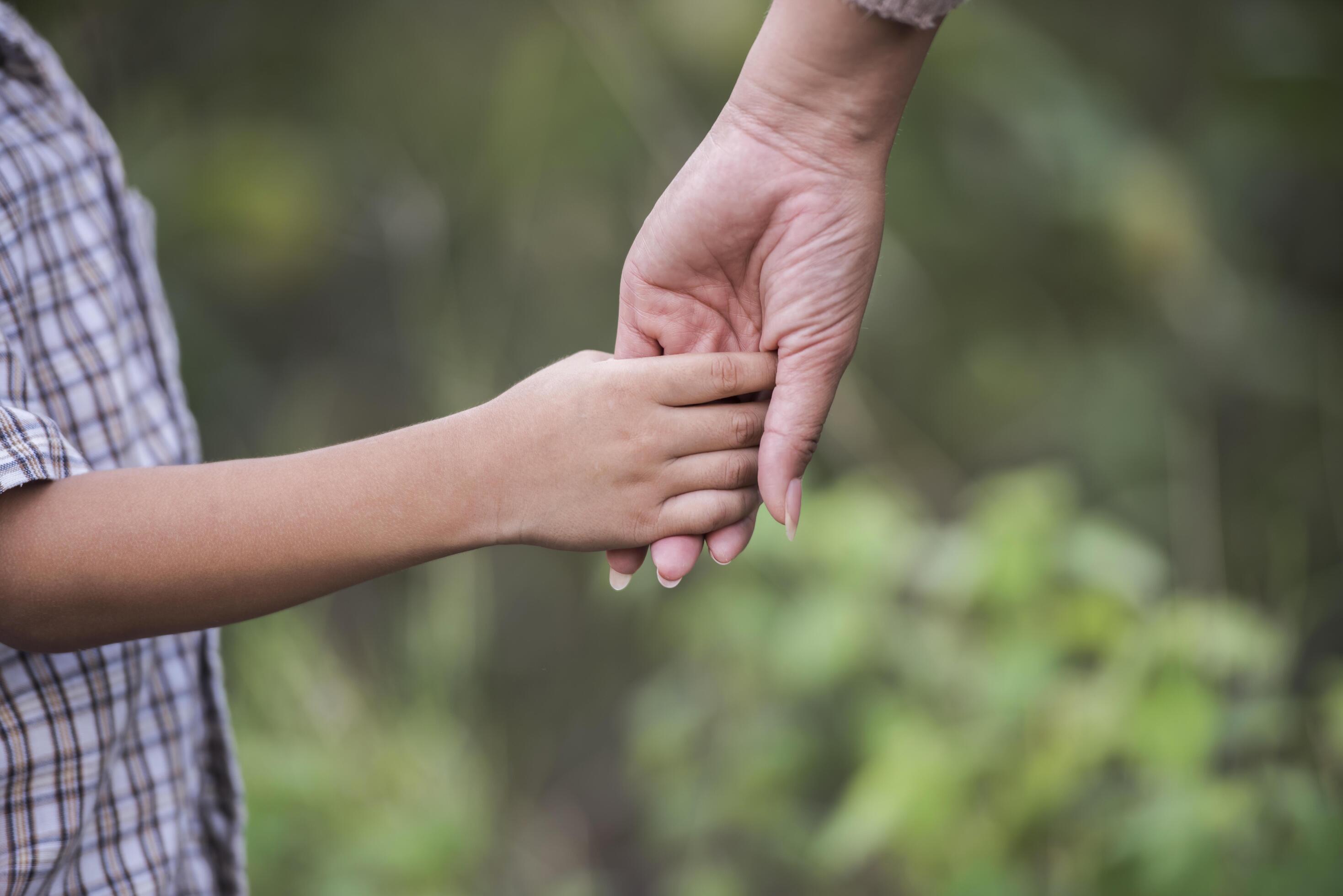 Close up of happy mum and son holding hand in a park. Family concept. Stock Free