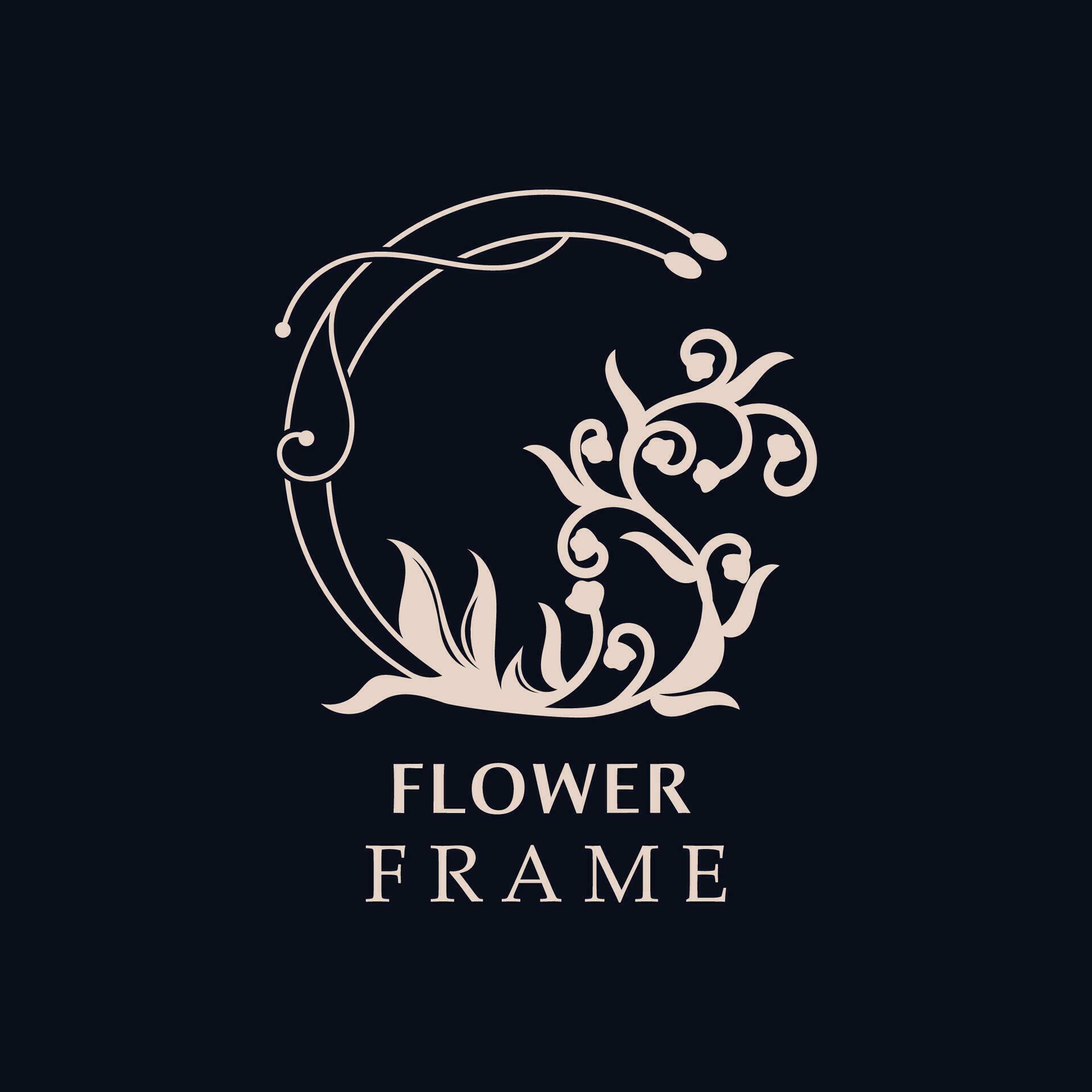 Floral frame flower round shape emblem logotype isolated on white background, leaves luxury linear logo circle style boutique Stock Free