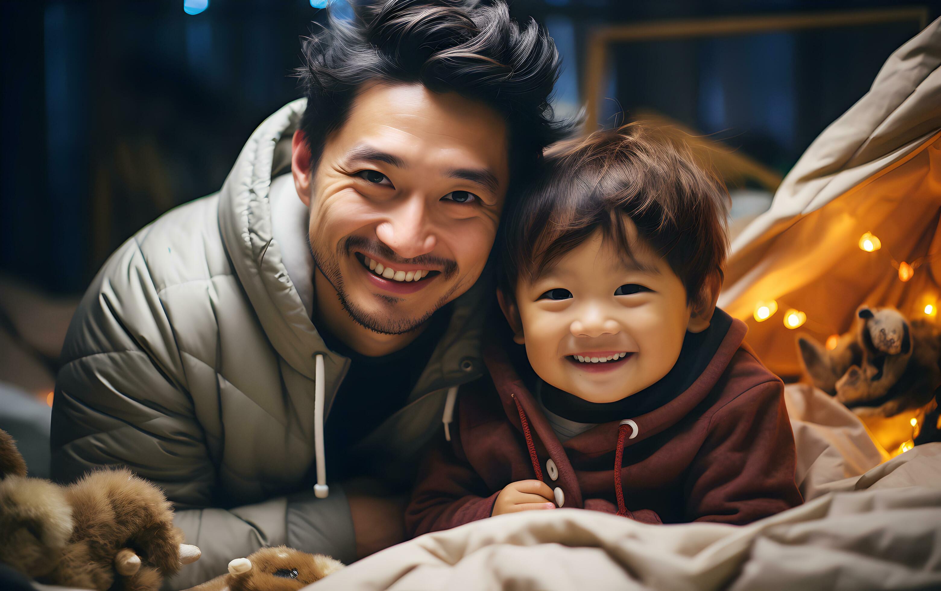 Family man Asian father is smiling with cute son child is wearing overcoat together. AI Generated Stock Free