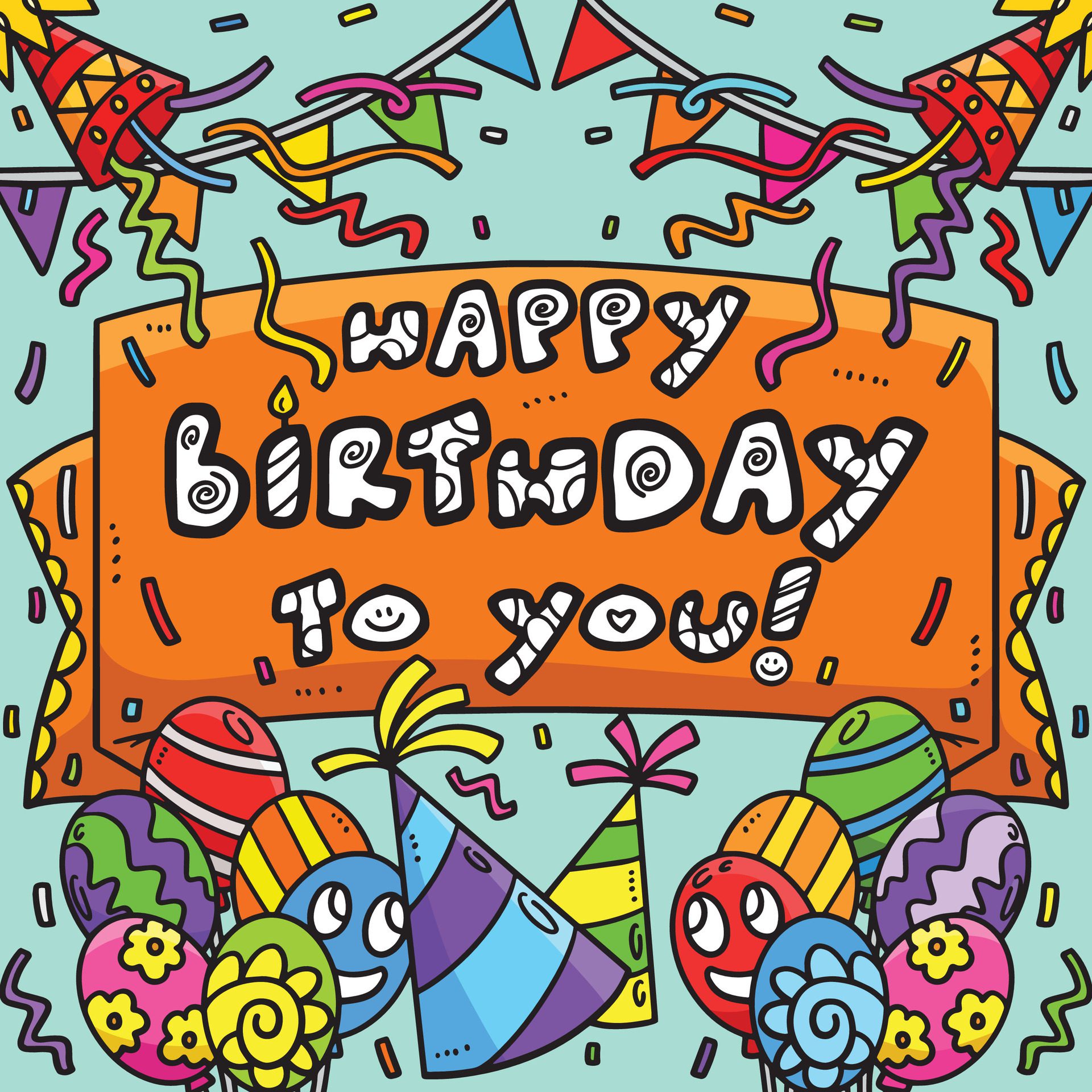 Happy Birthday To You Banner Colored Cartoon Free Vector