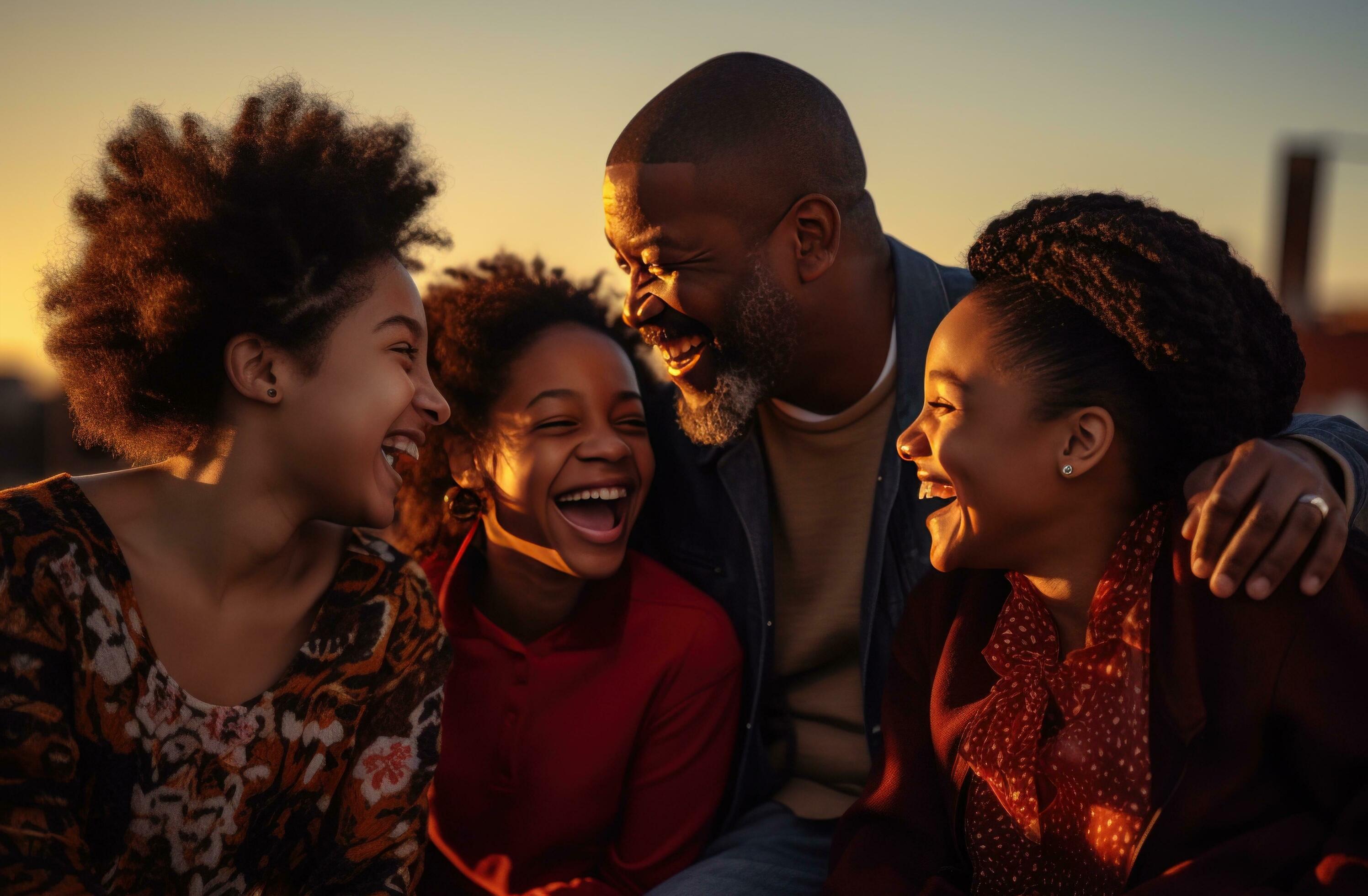 AI generated an african american family laughing together at sunset Stock Free